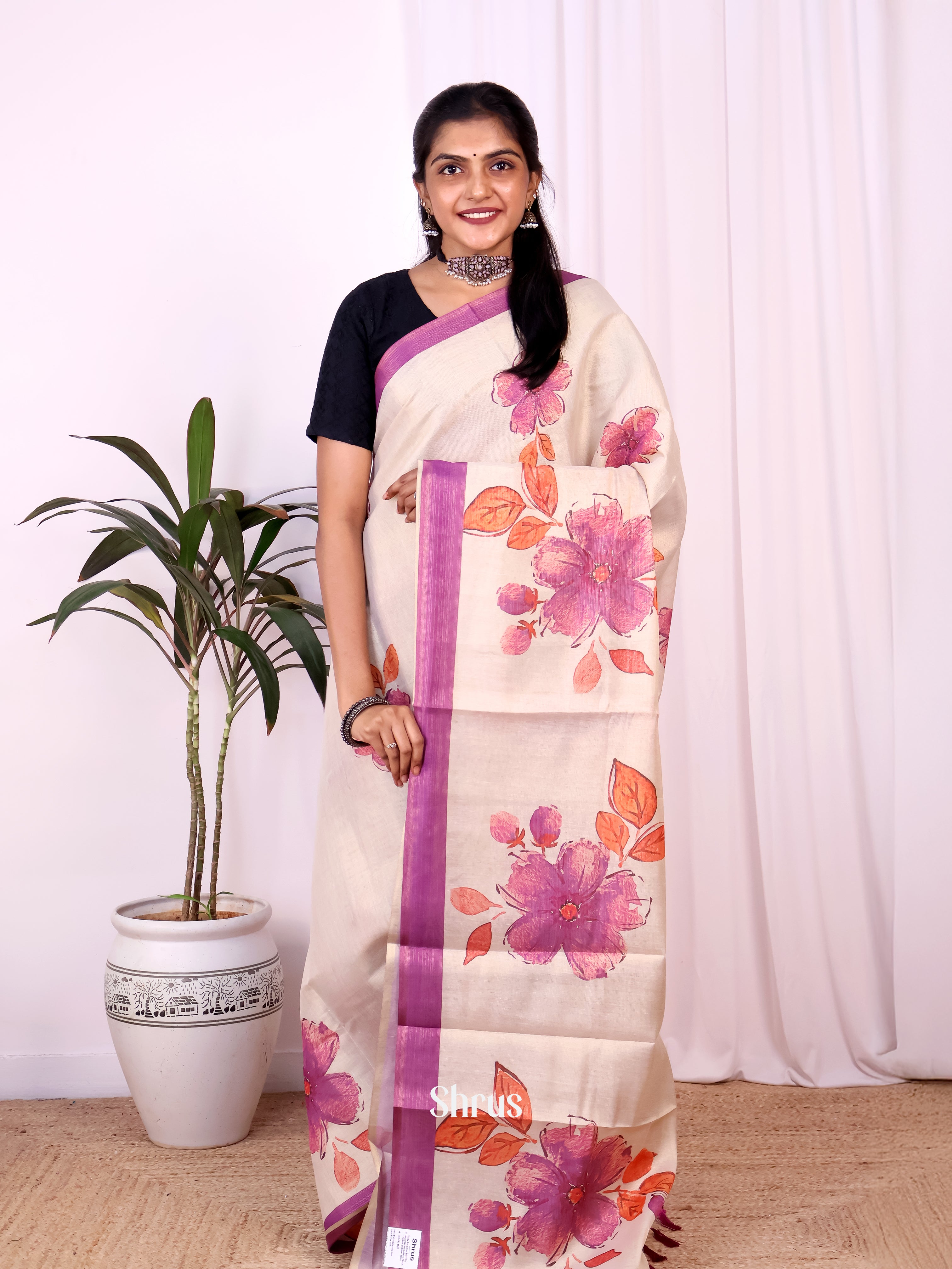Gold & Purple - Semi Jute Saree - Shop on Shrus.com