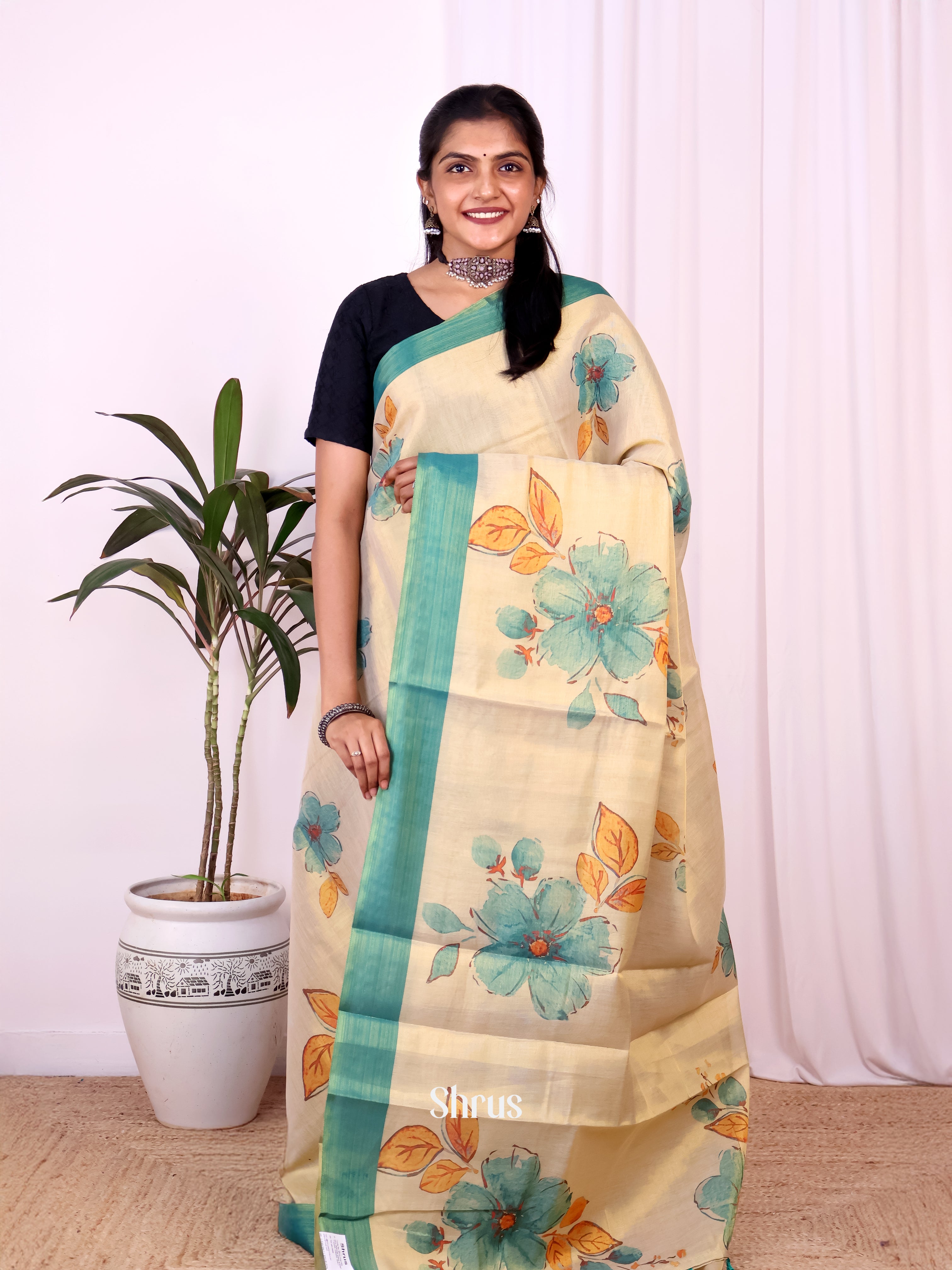 Gold & blue - Semi Jute Saree - Shop on Shrus.com