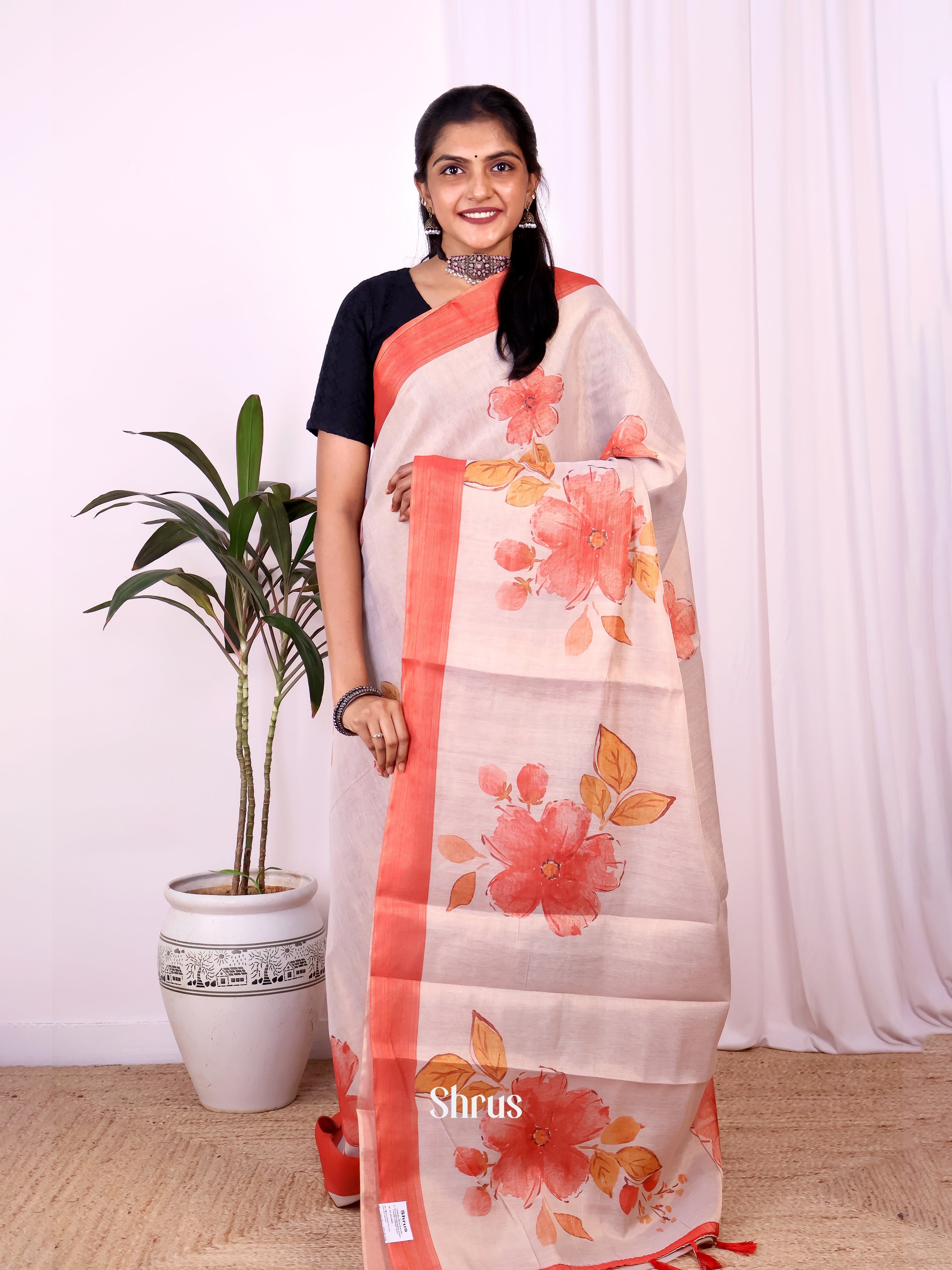 Gold & Orange - Semi Jute Saree - Shop on Shrus.com