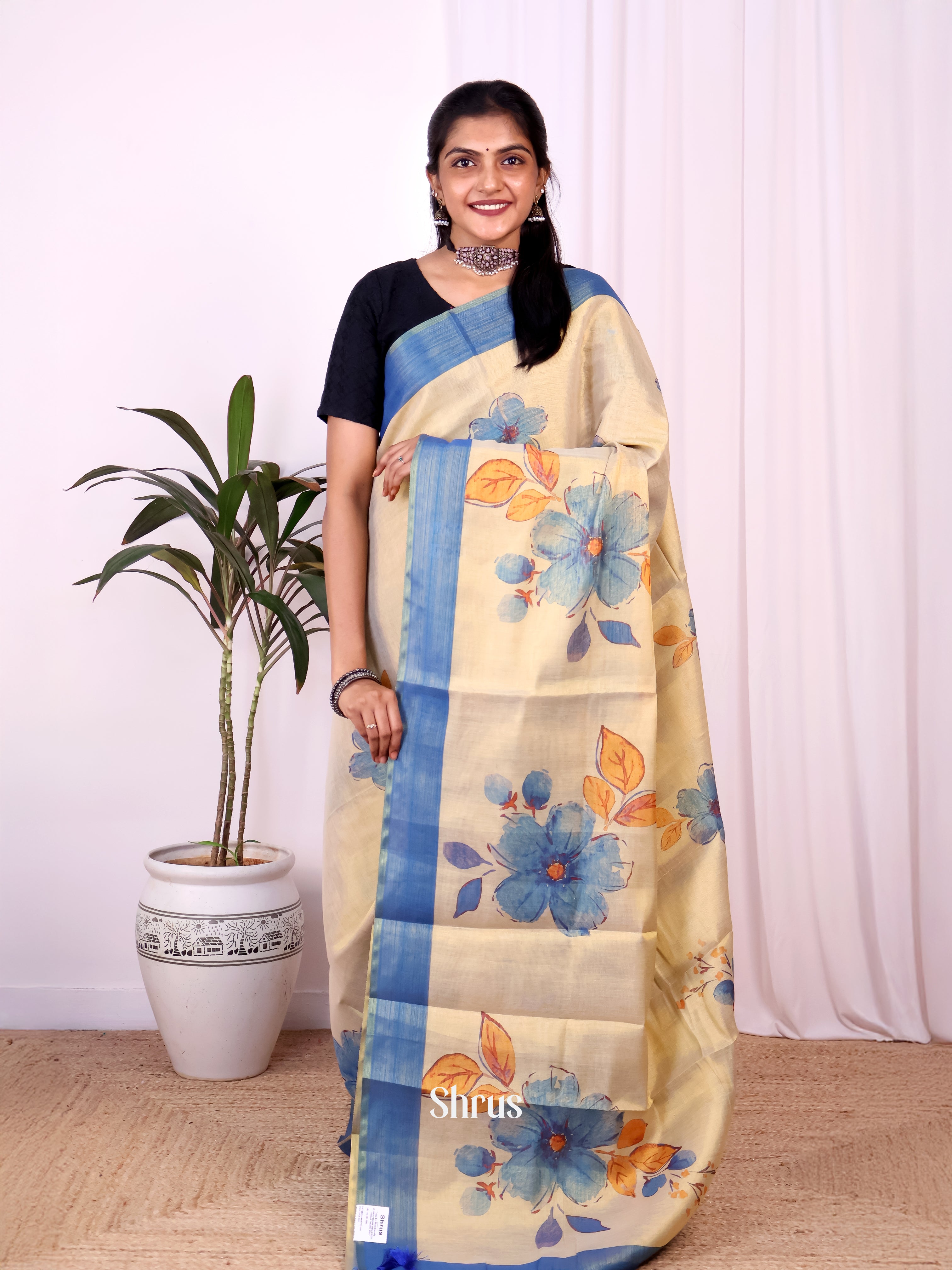 Gold & Blue - Semi Jute Saree - Shop on Shrus.com