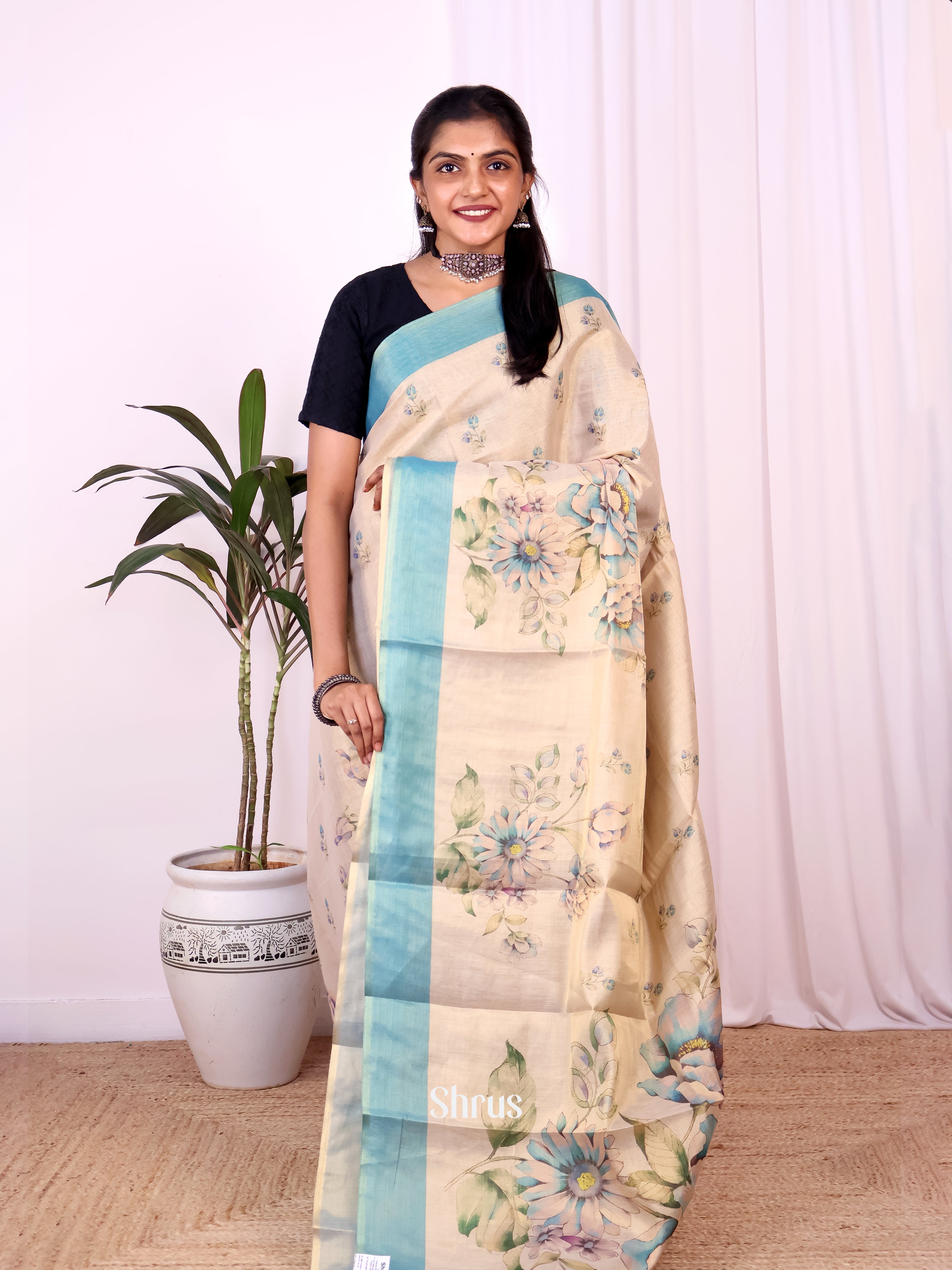 Gold & Blue - Semi Jute Saree - Shop on Shrus.com