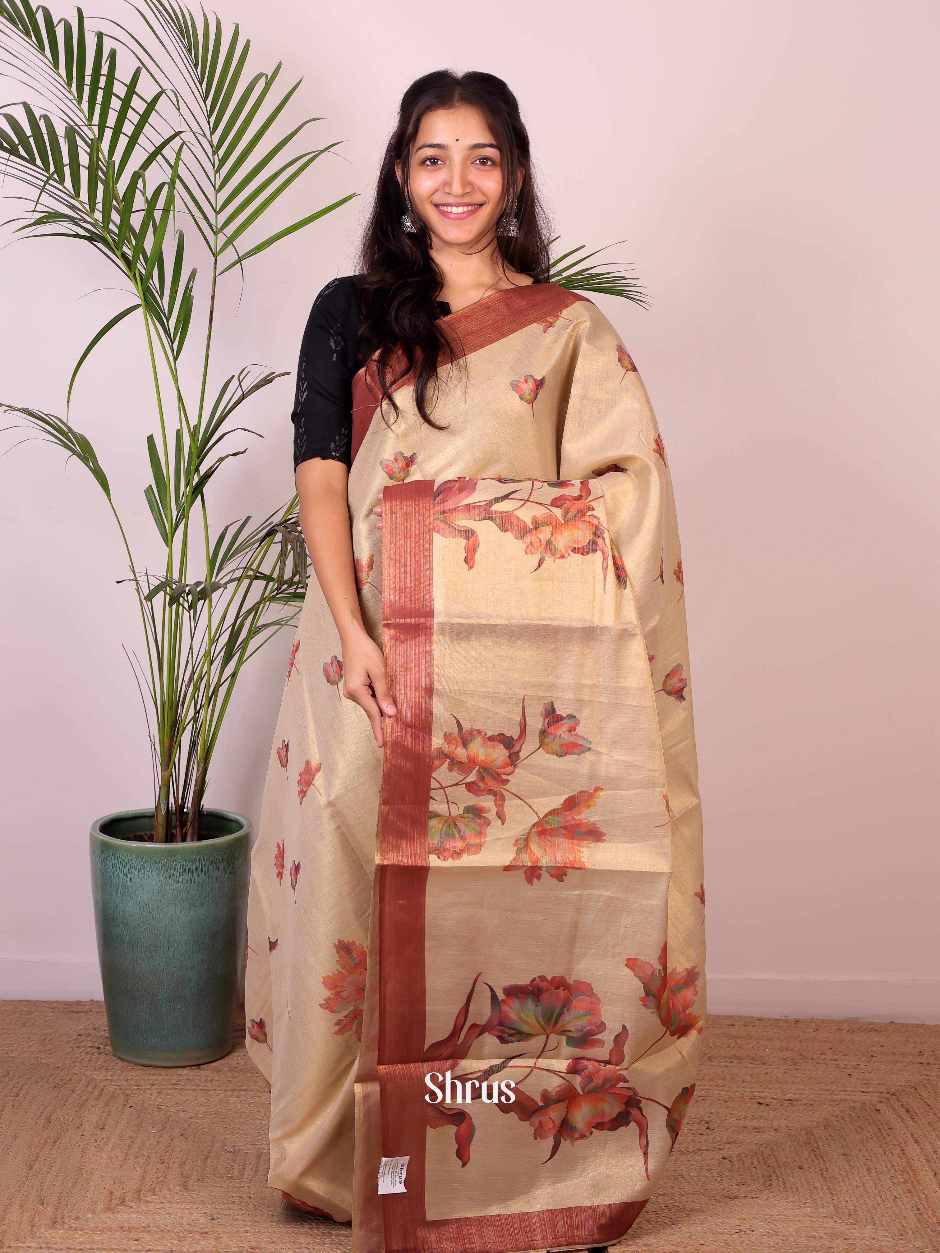 cream & Maroon - Semi Jute Saree - Shop on Shrus.com