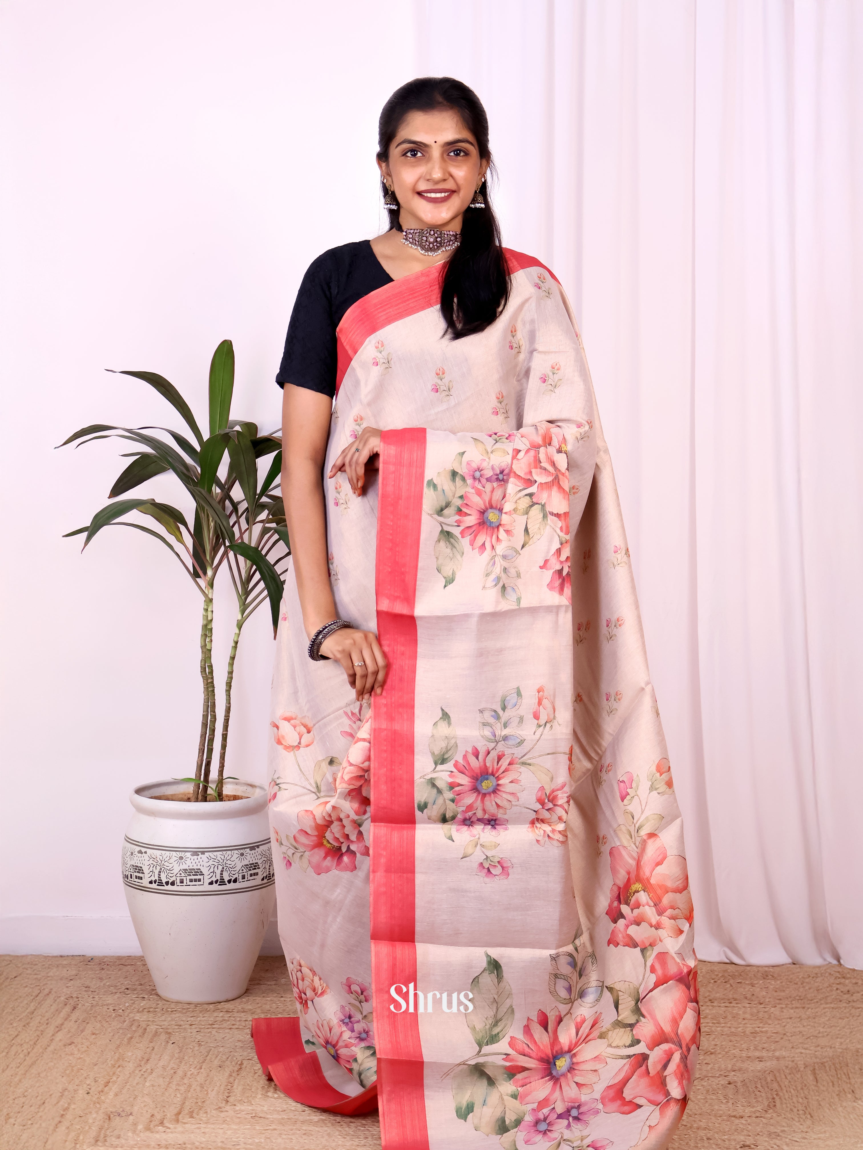 Gold & Red- Semi Jute Saree - Shop on Shrus.com