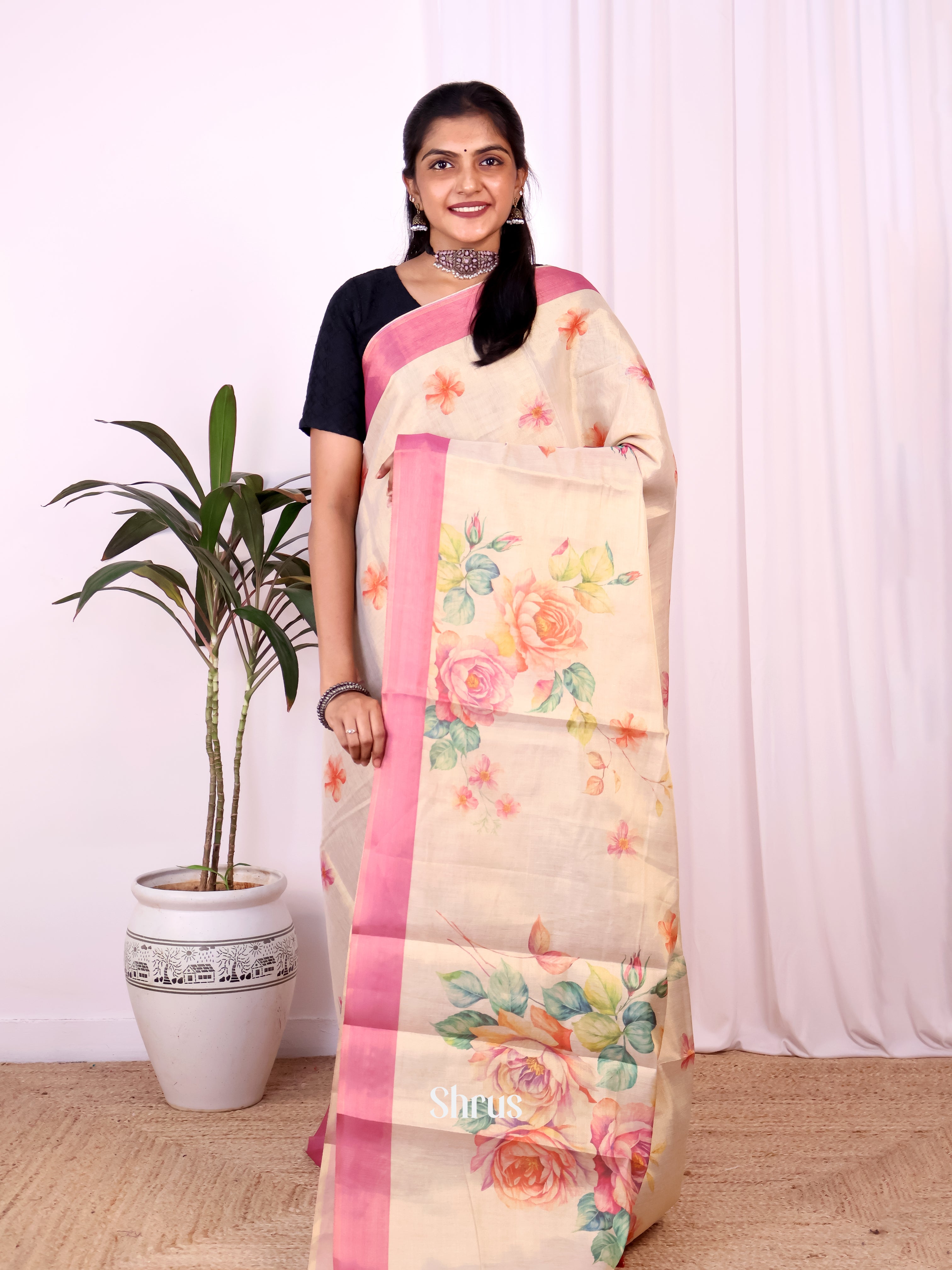 Cream & Pink - Semi Jute Saree - Shop on Shrus.com