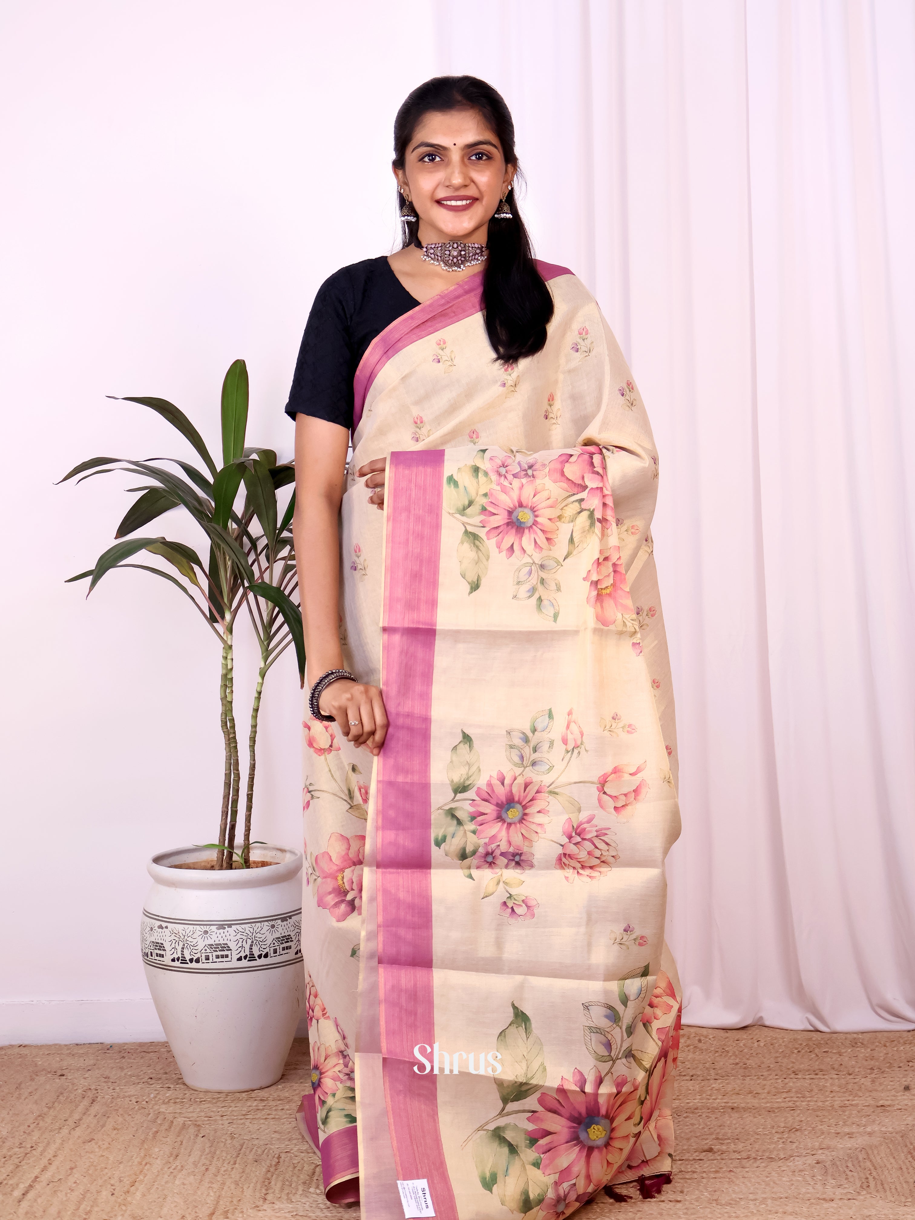 Gold & Pink - Semi Jute Saree - Shop on Shrus.com