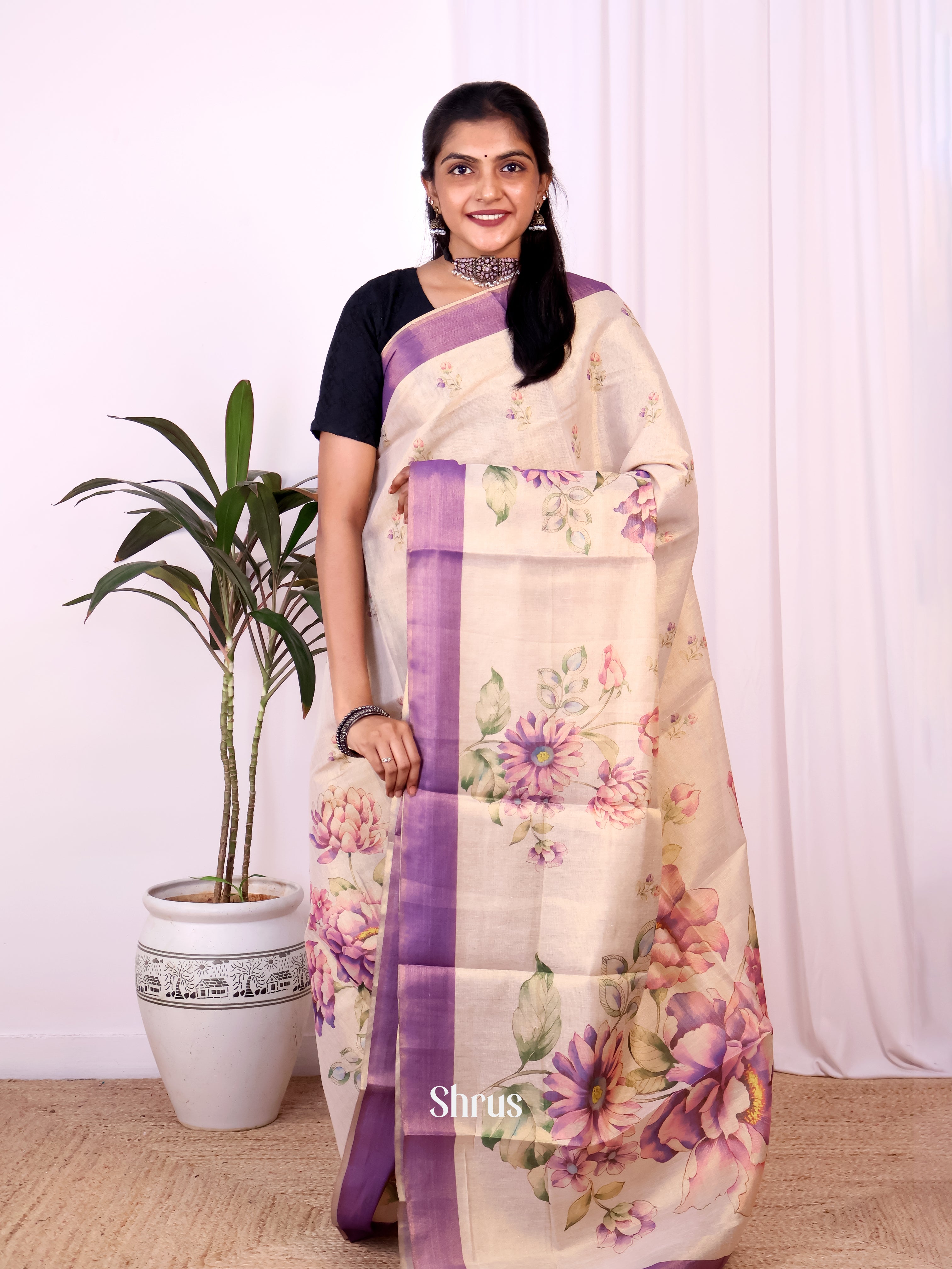 Gold & Purple - Semi Jute Saree - Shop on Shrus.com