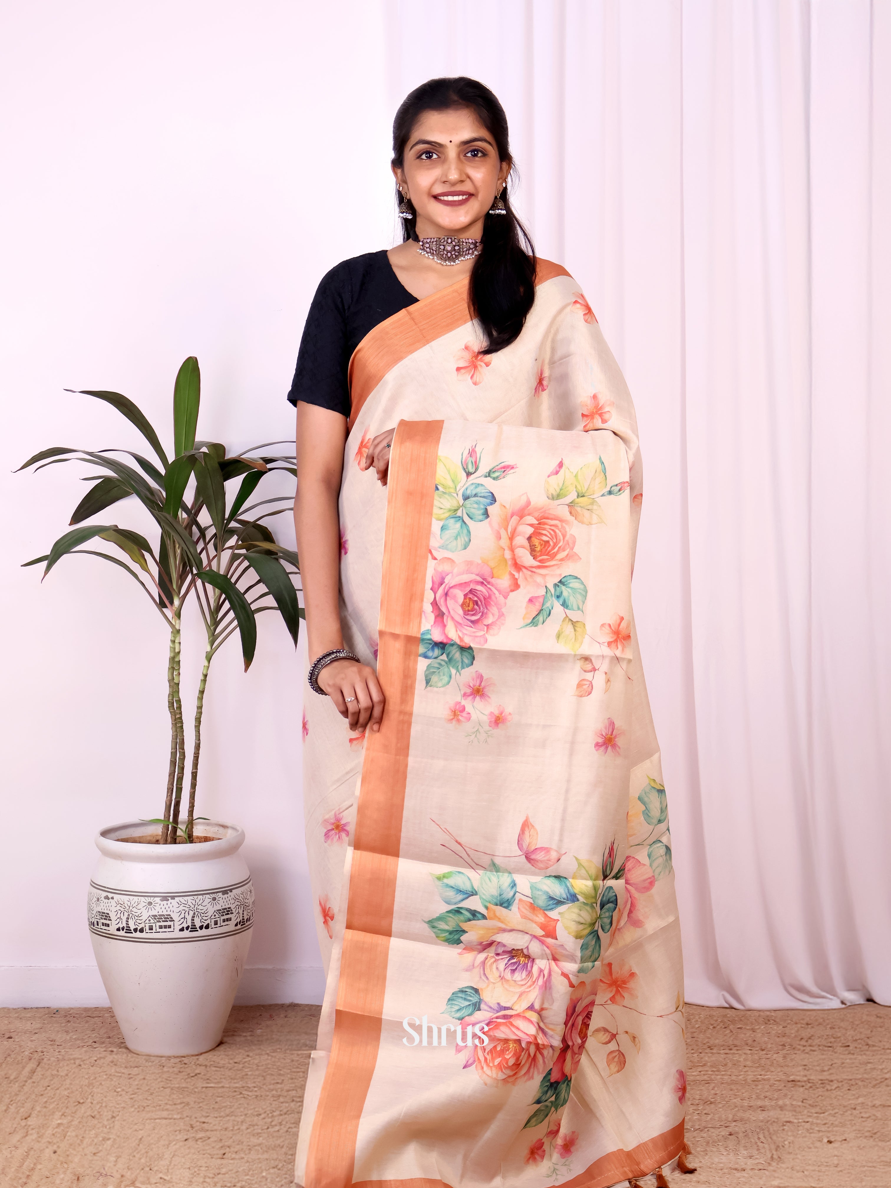 Gold & Orange - Semi Jute Saree - Shop on Shrus.com