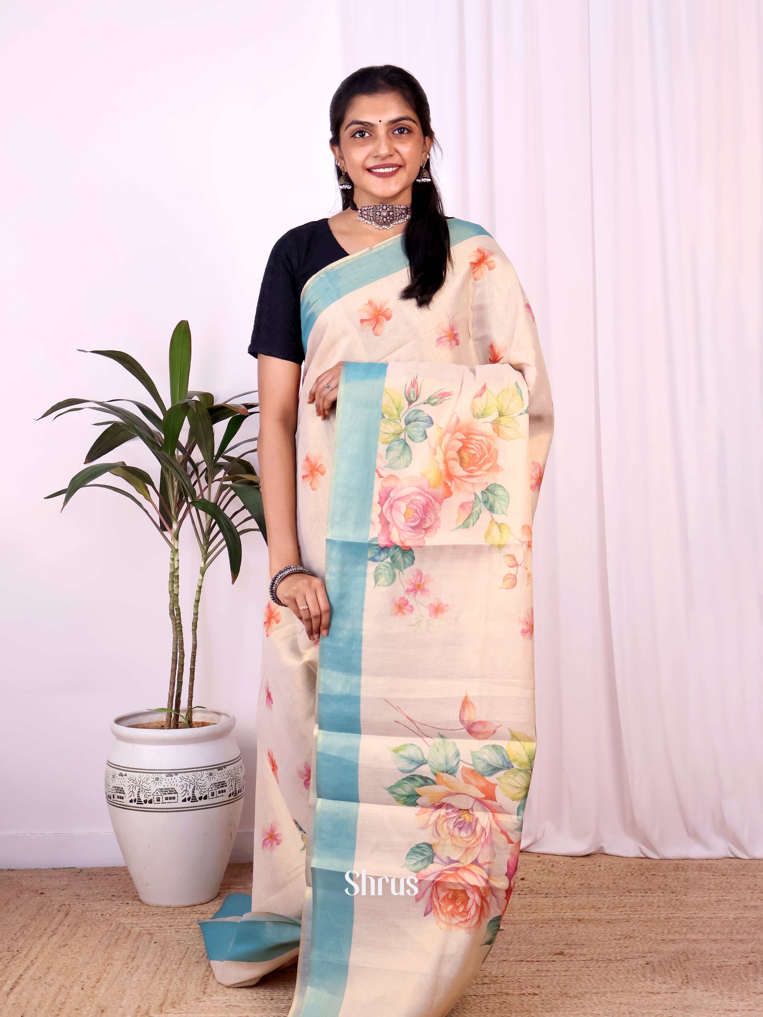 Gold & Blue - Semi Jute Saree - Shop on Shrus.com