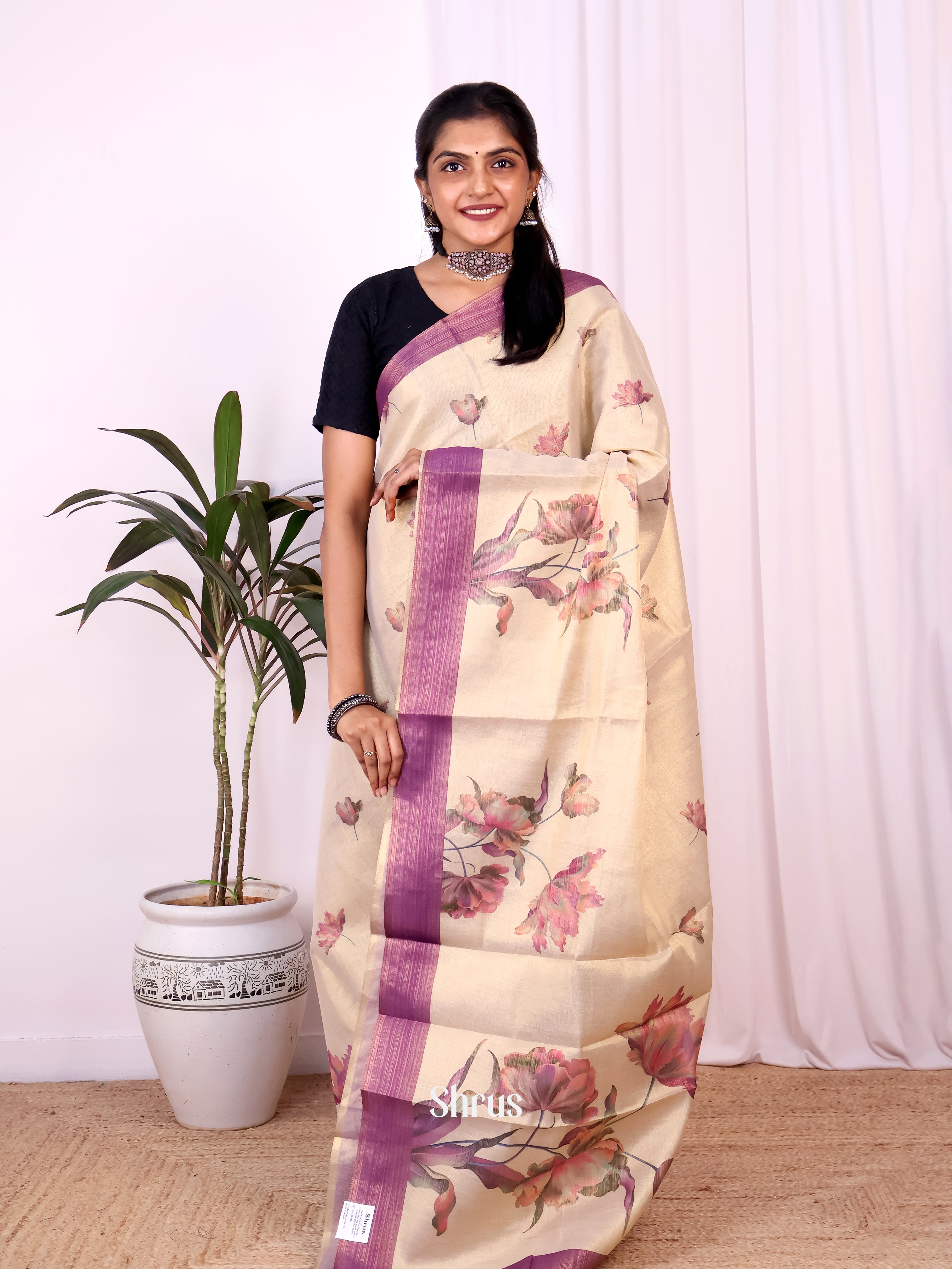 Gold & Purple - Semi Jute Saree - Shop on Shrus.com