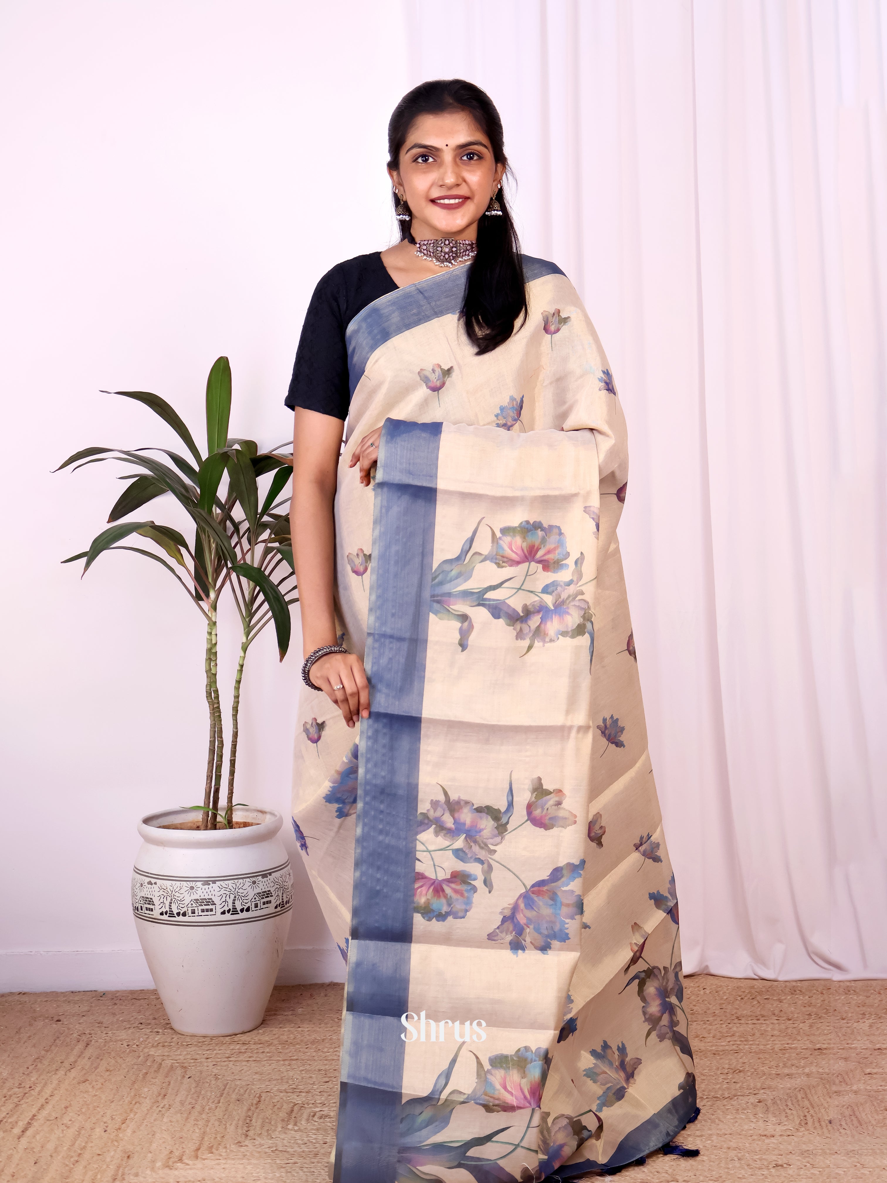 Gold & Blue - Semi Jute Saree - Shop on Shrus.com