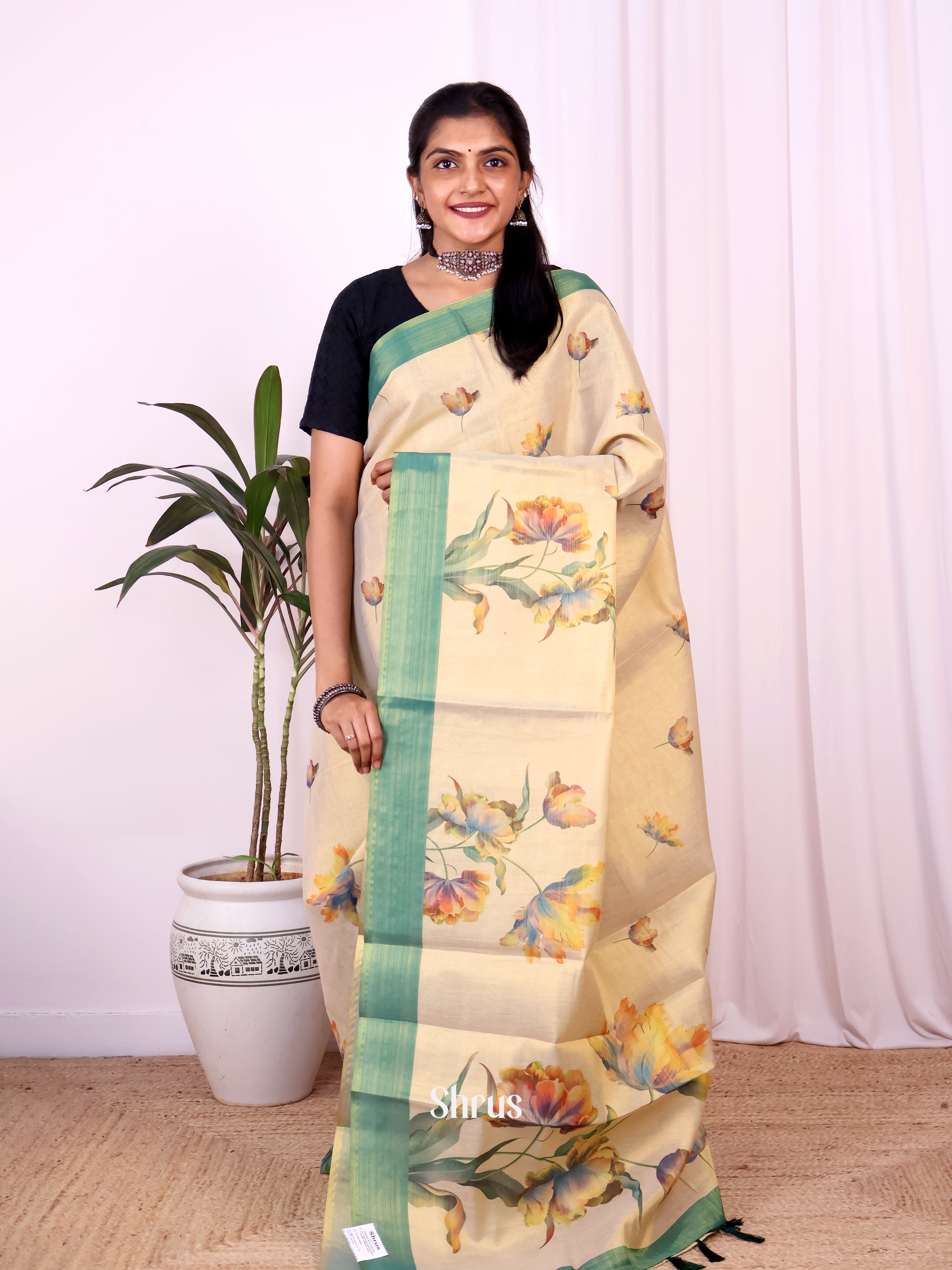 Gold & Green - Semi Jute Saree - Shop on Shrus.com
