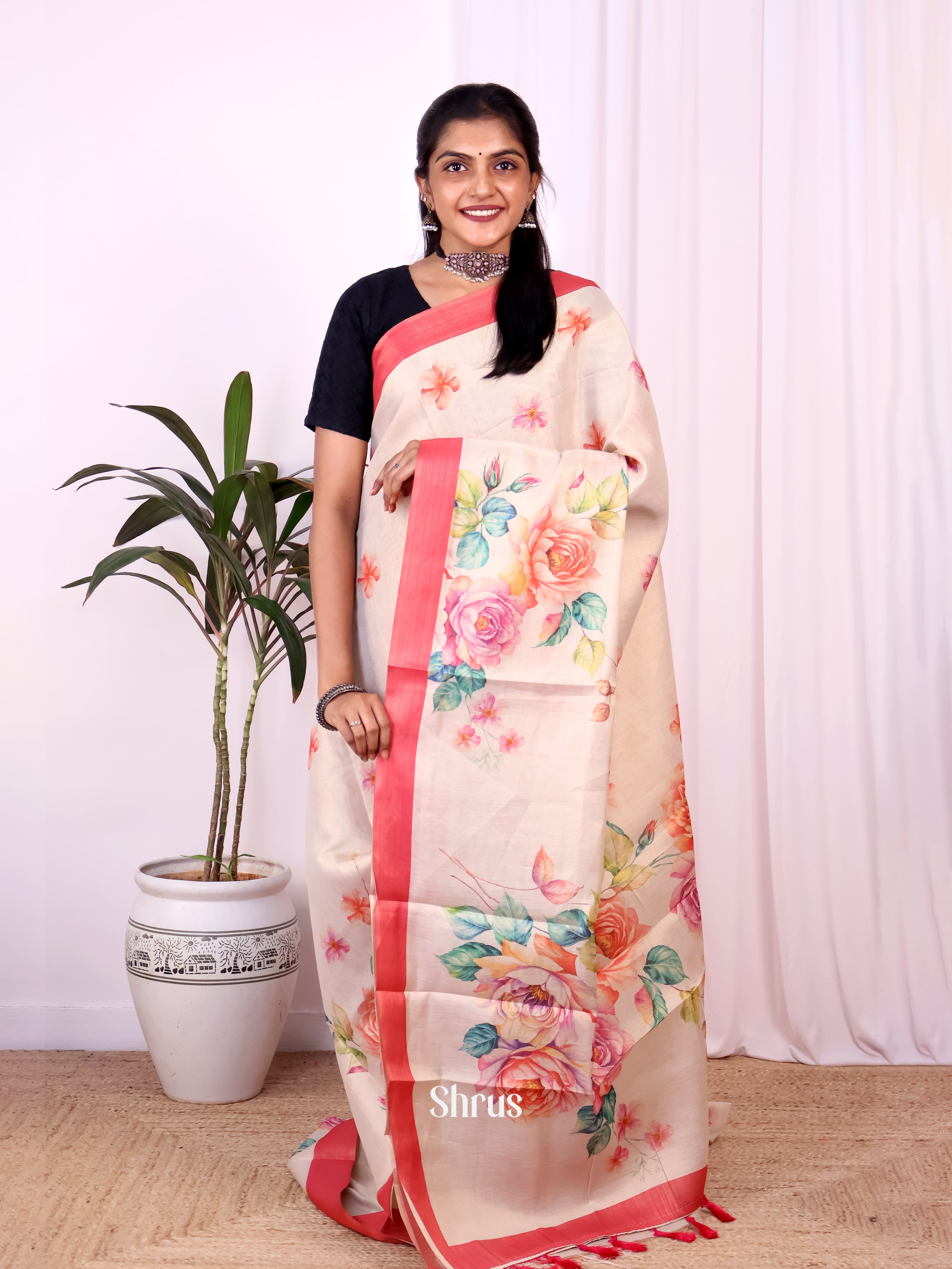 Gold & Red - Semi Jute Saree - Shop on Shrus.com