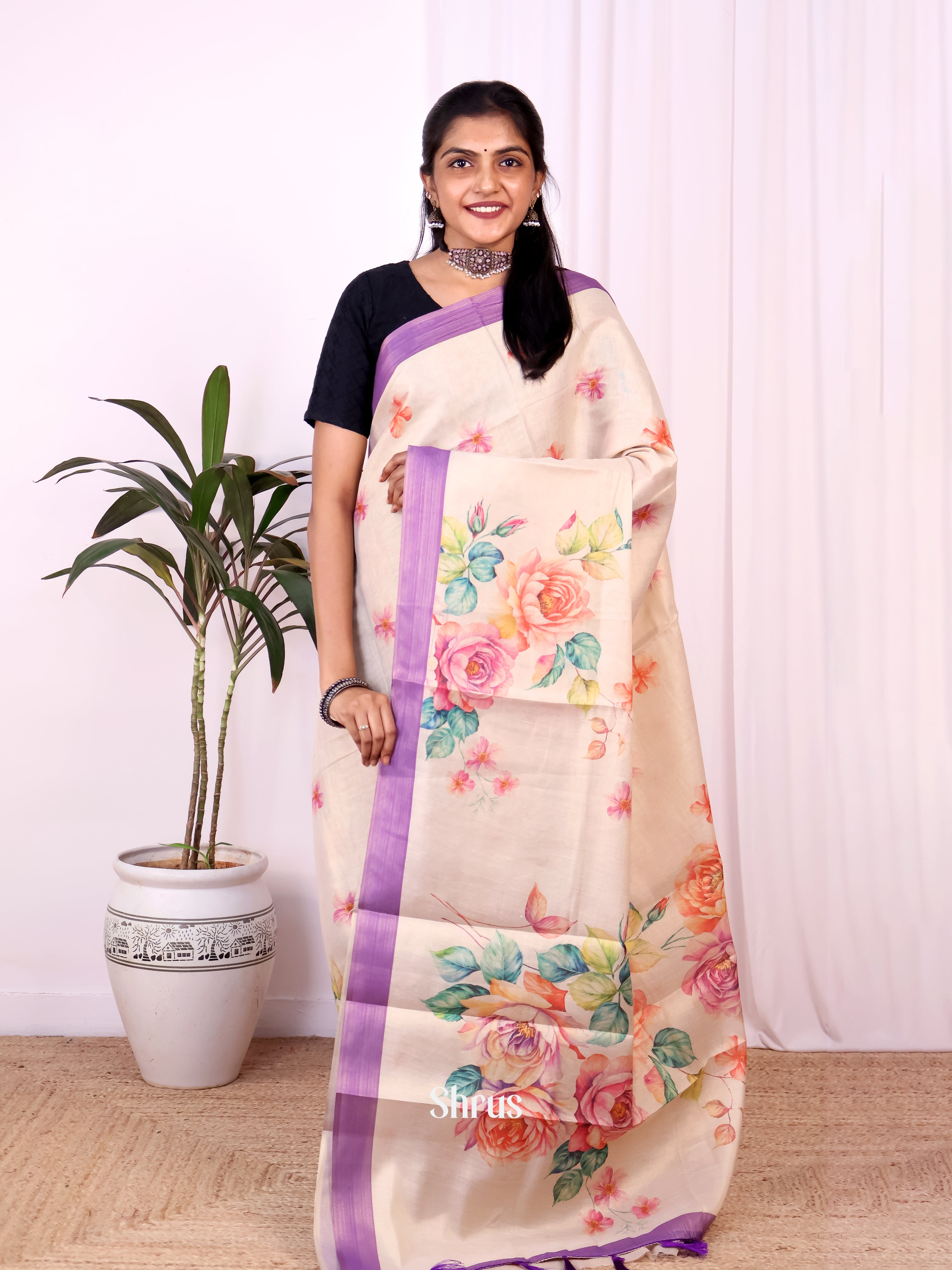 Gold & Purple - Semi Jute Saree - Shop on Shrus.com