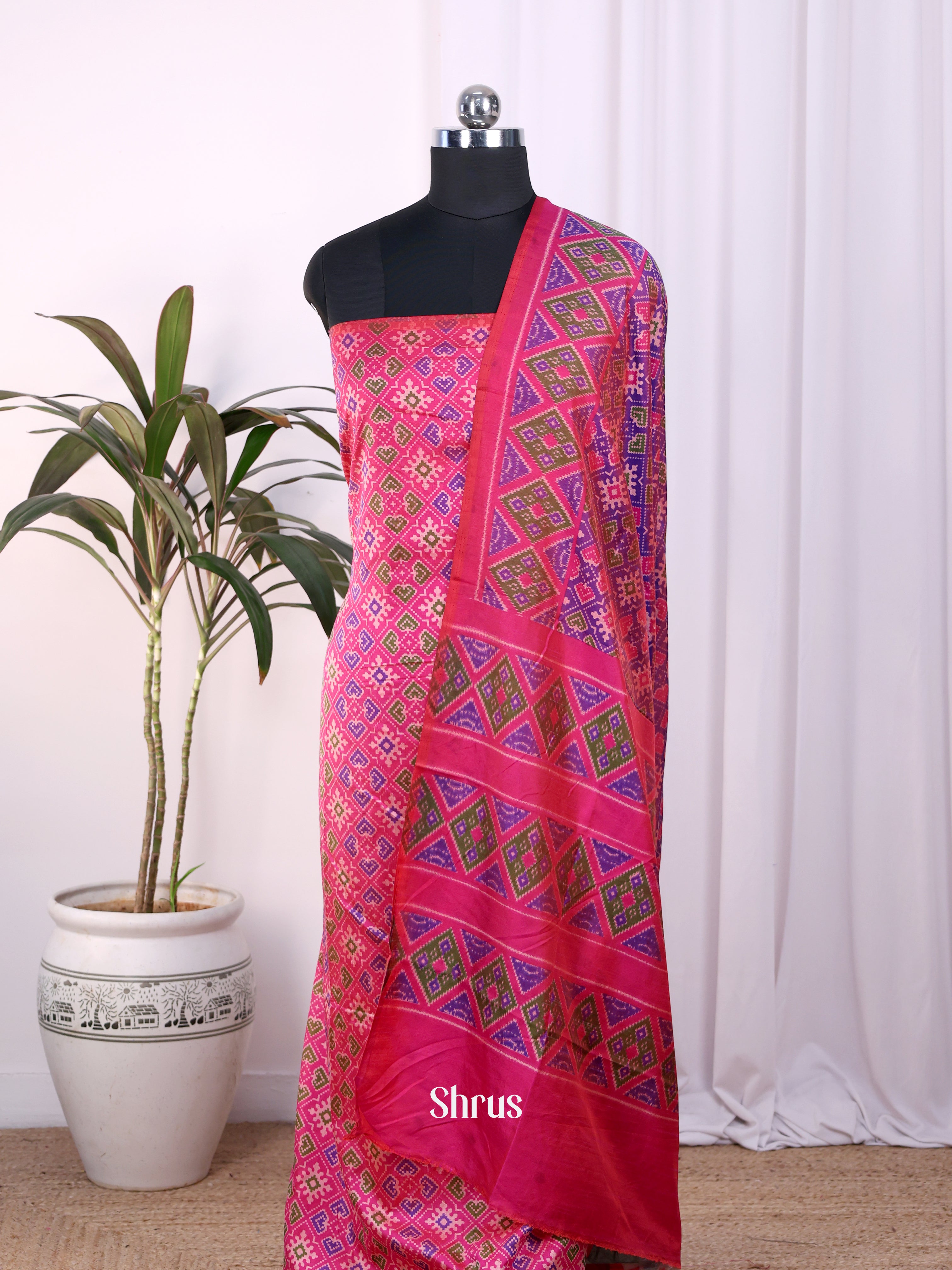 Pink & Purple -Semi Patola Unstitched Top & Dupatta - CKS08003 - Shop on Shrus.com