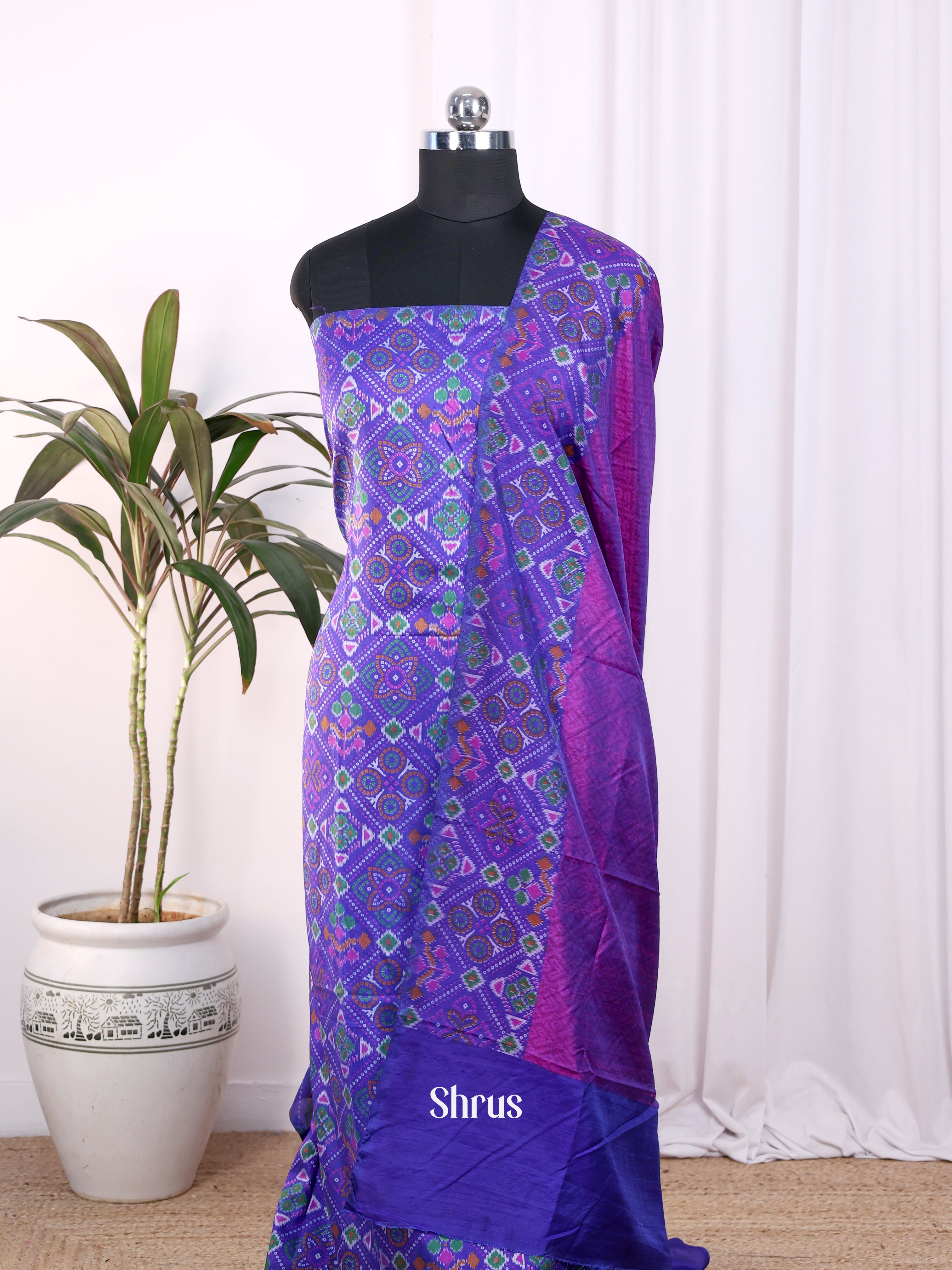 Blue & Purple - Semi Patola Unstitched Top & Dupatta - CKS08013 - Shop on Shrus.com
