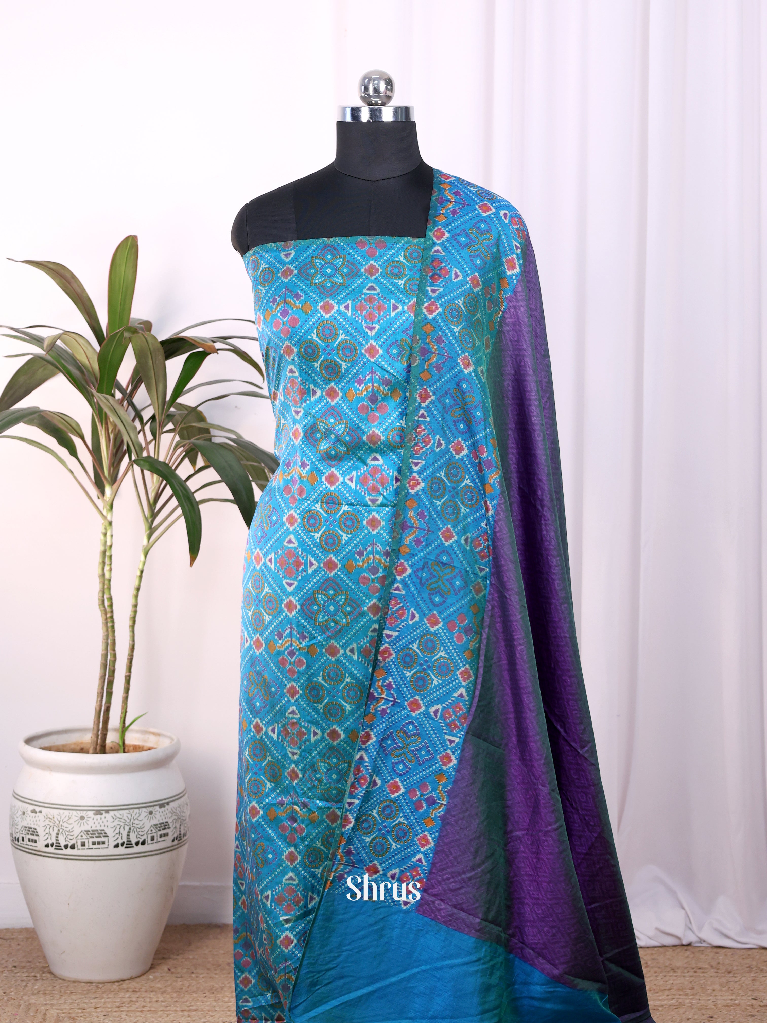 Blue & Purple - Semi Patola Unstitched Top & Dupatta - CKS08014 - Shop on Shrus.com
