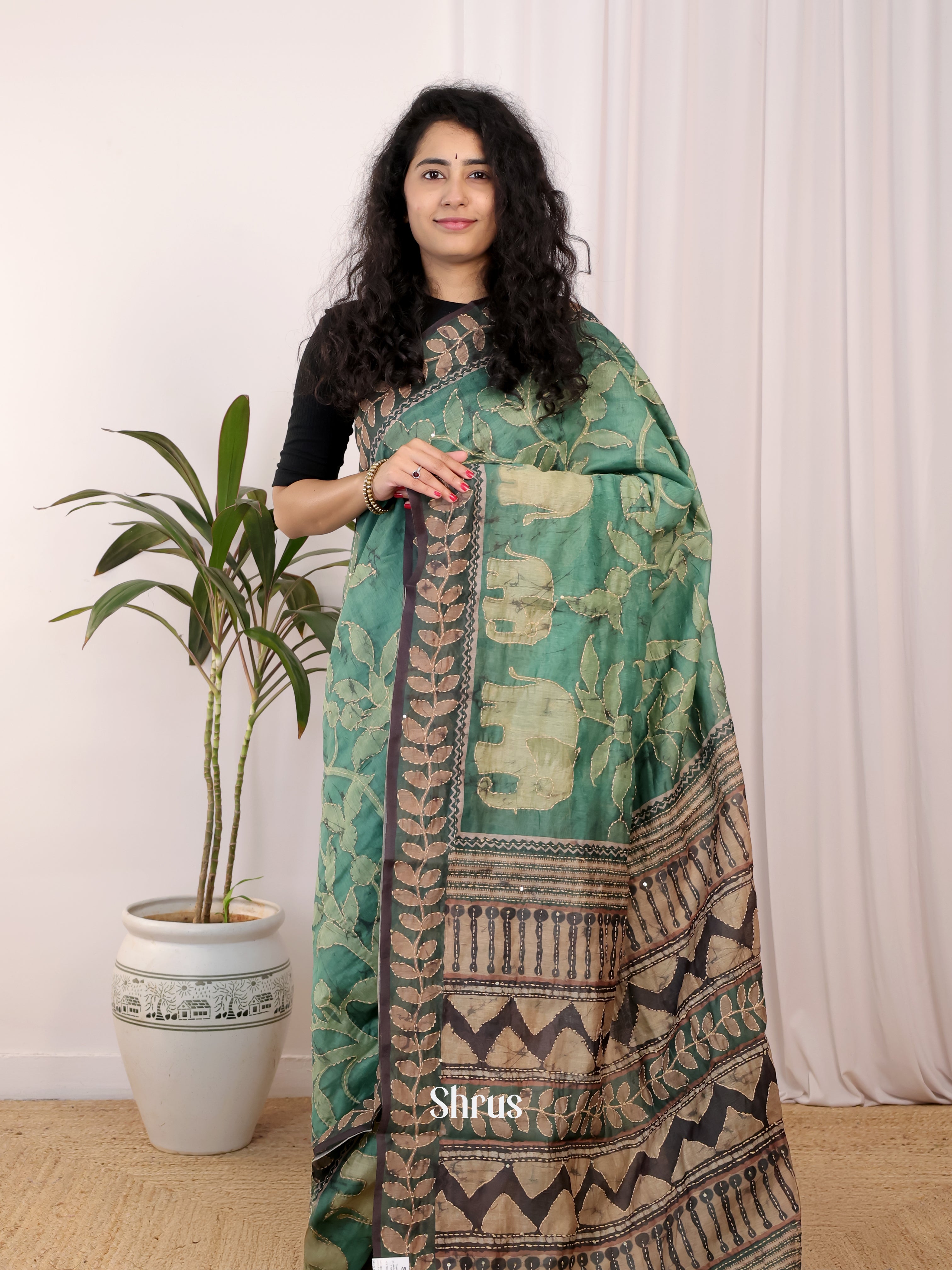 Green & Brown - Semi Kantha Saree - Shop on Shrus.com