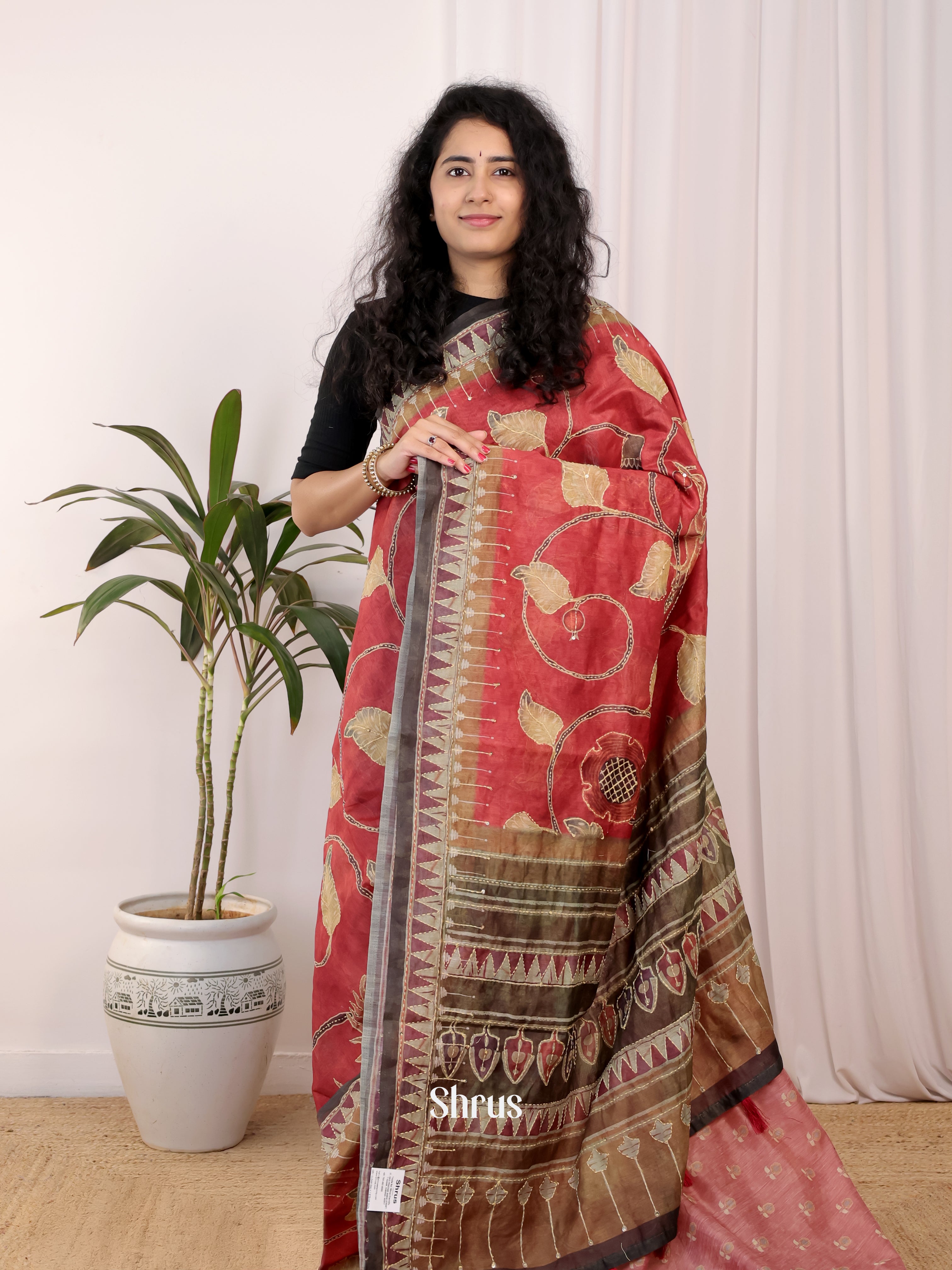 Red & Brown- Semi Kantha Saree - Shop on Shrus.com