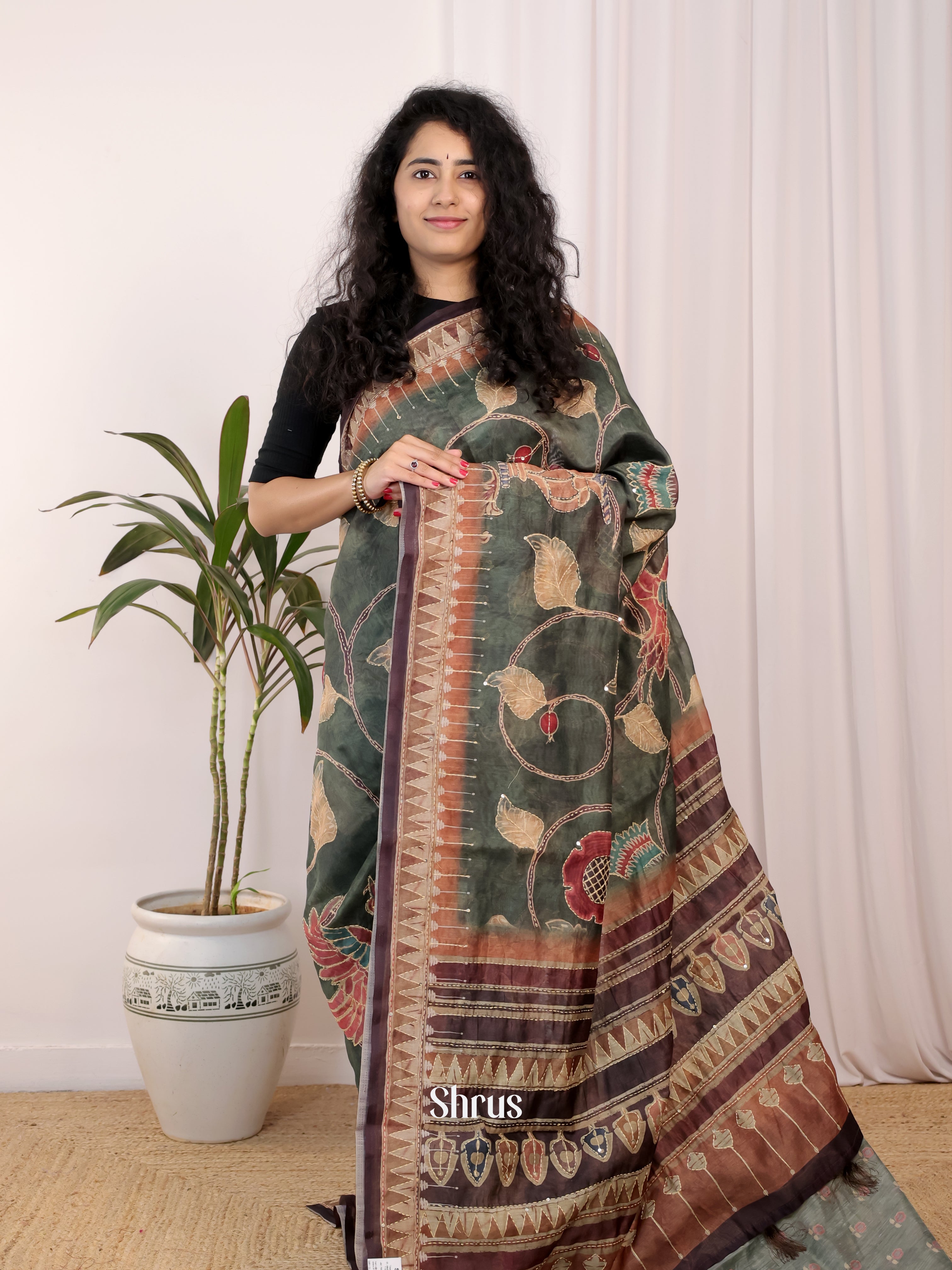 Green & Brown - Semi Kantha Saree - Shop on Shrus.com