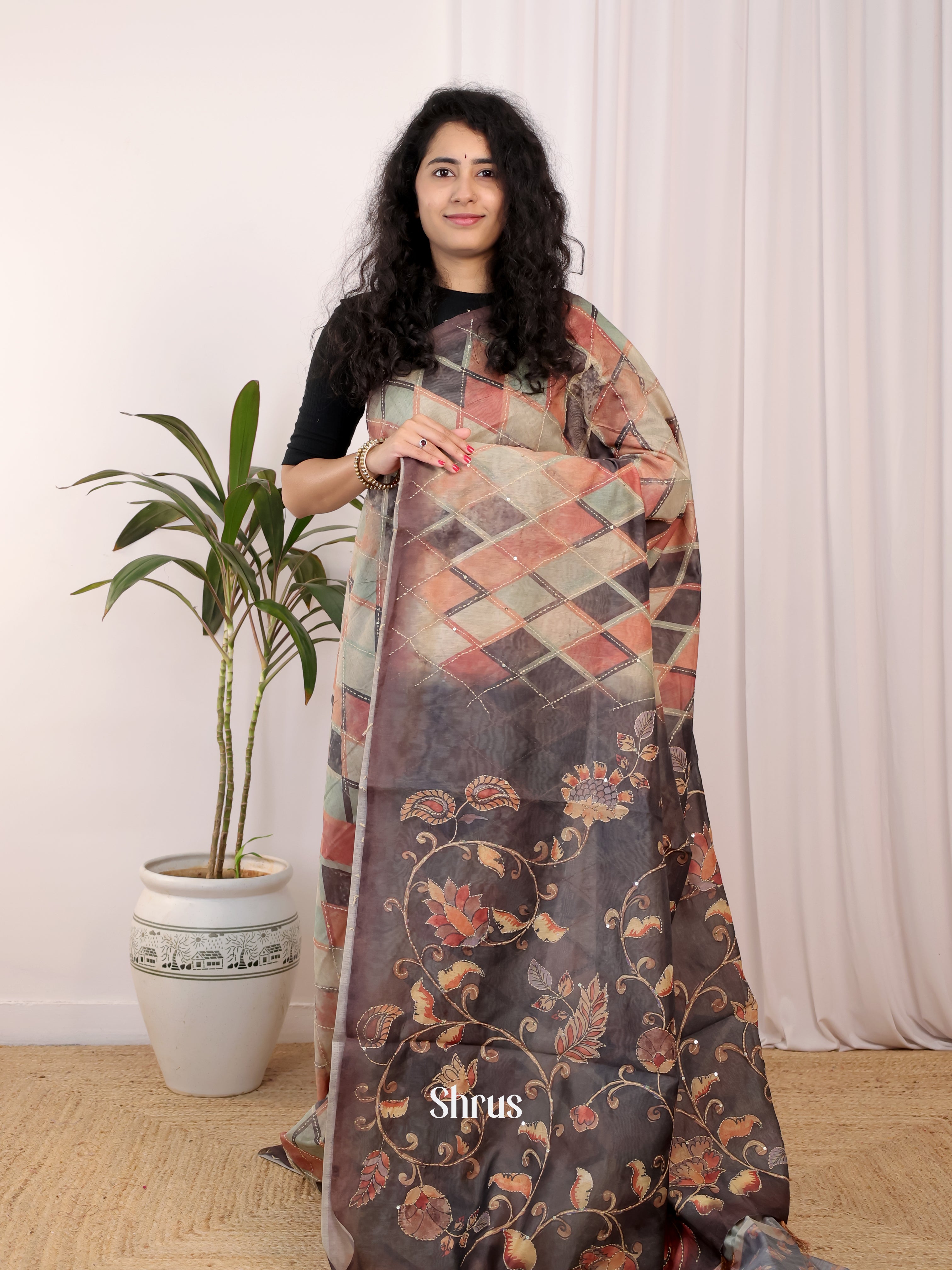 Green & Grey - Semi Kantha Saree - Shop on Shrus.com