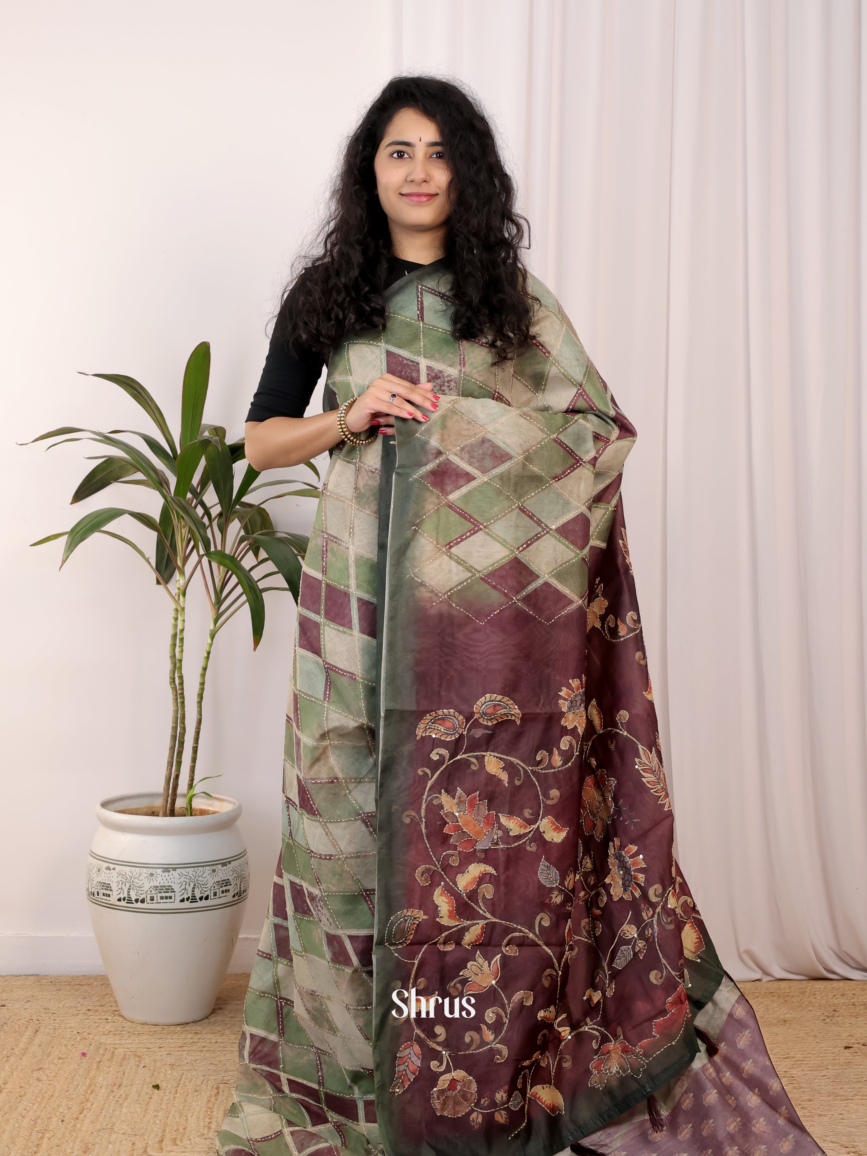 Green & Brown - Semi Kantha Saree - Shop on Shrus.com