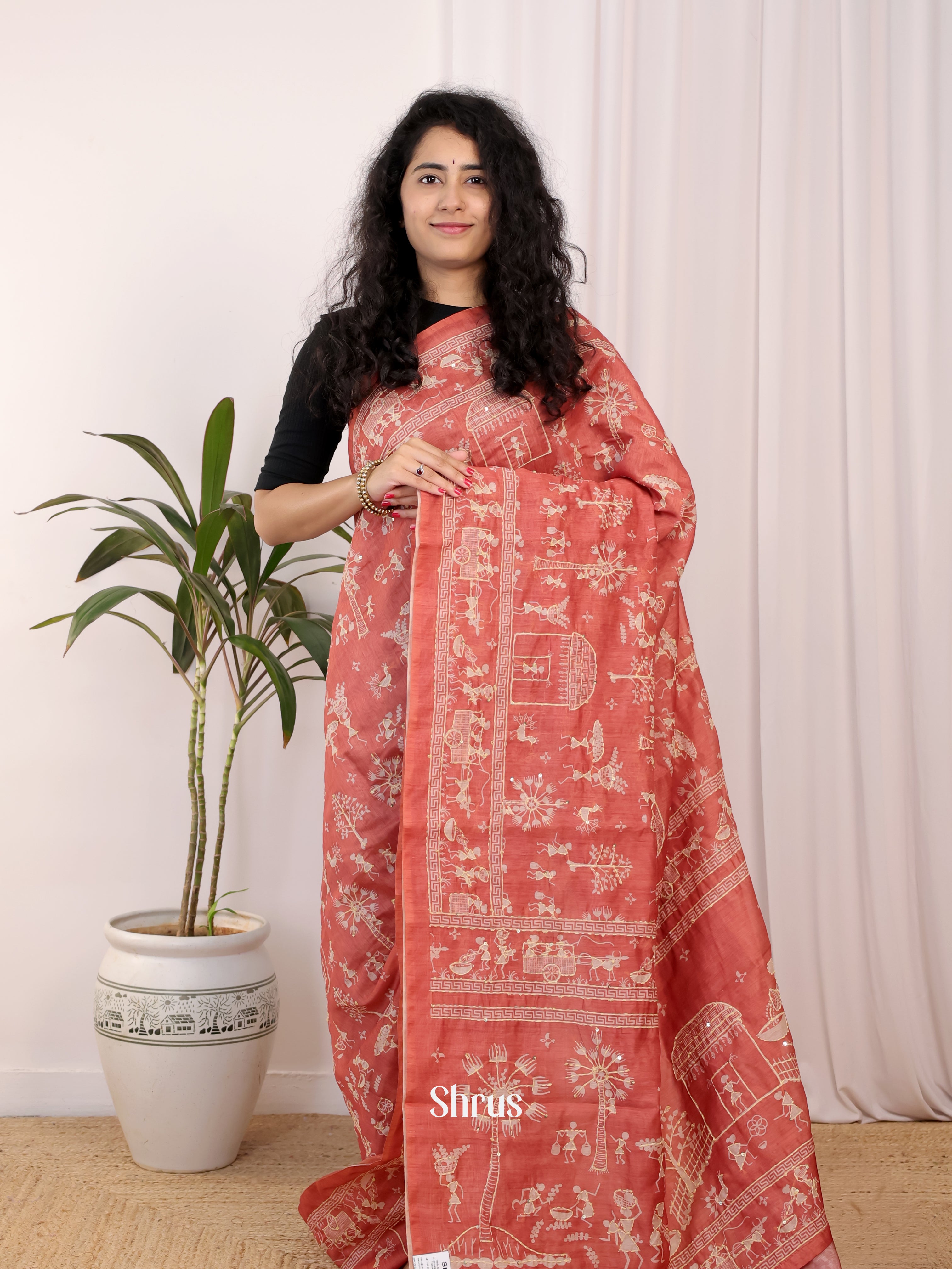 Brick - Semi Kantha Saree - Shop on Shrus.com