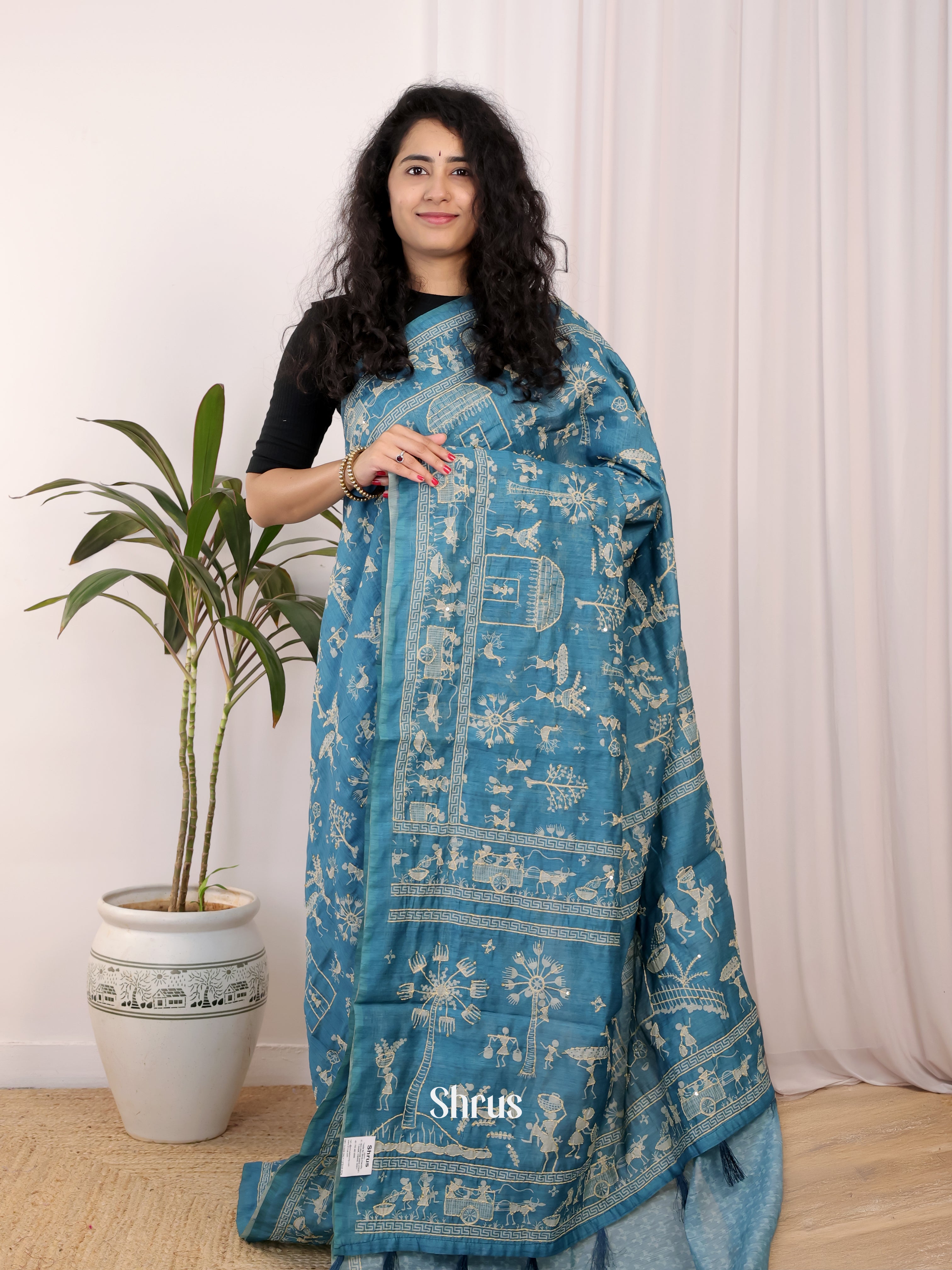 Blue - Semi Kantha Saree - Shop on Shrus.com