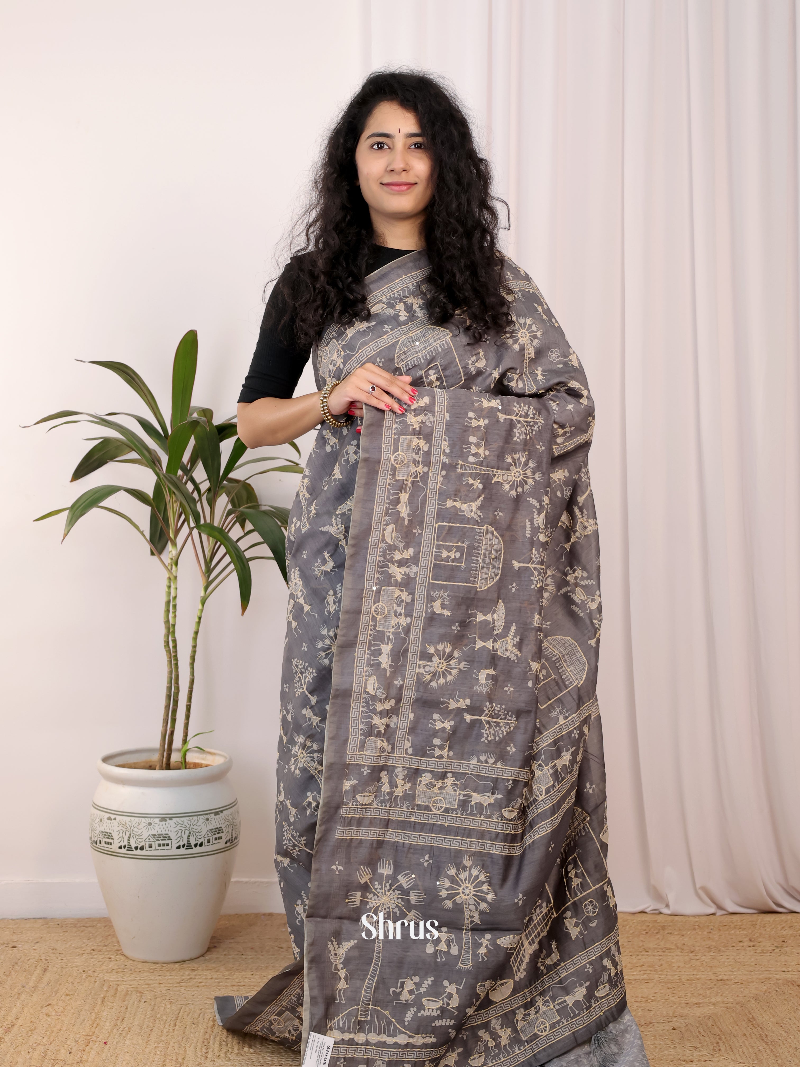 Grey - Semi Kantha Saree - Shop on Shrus.com