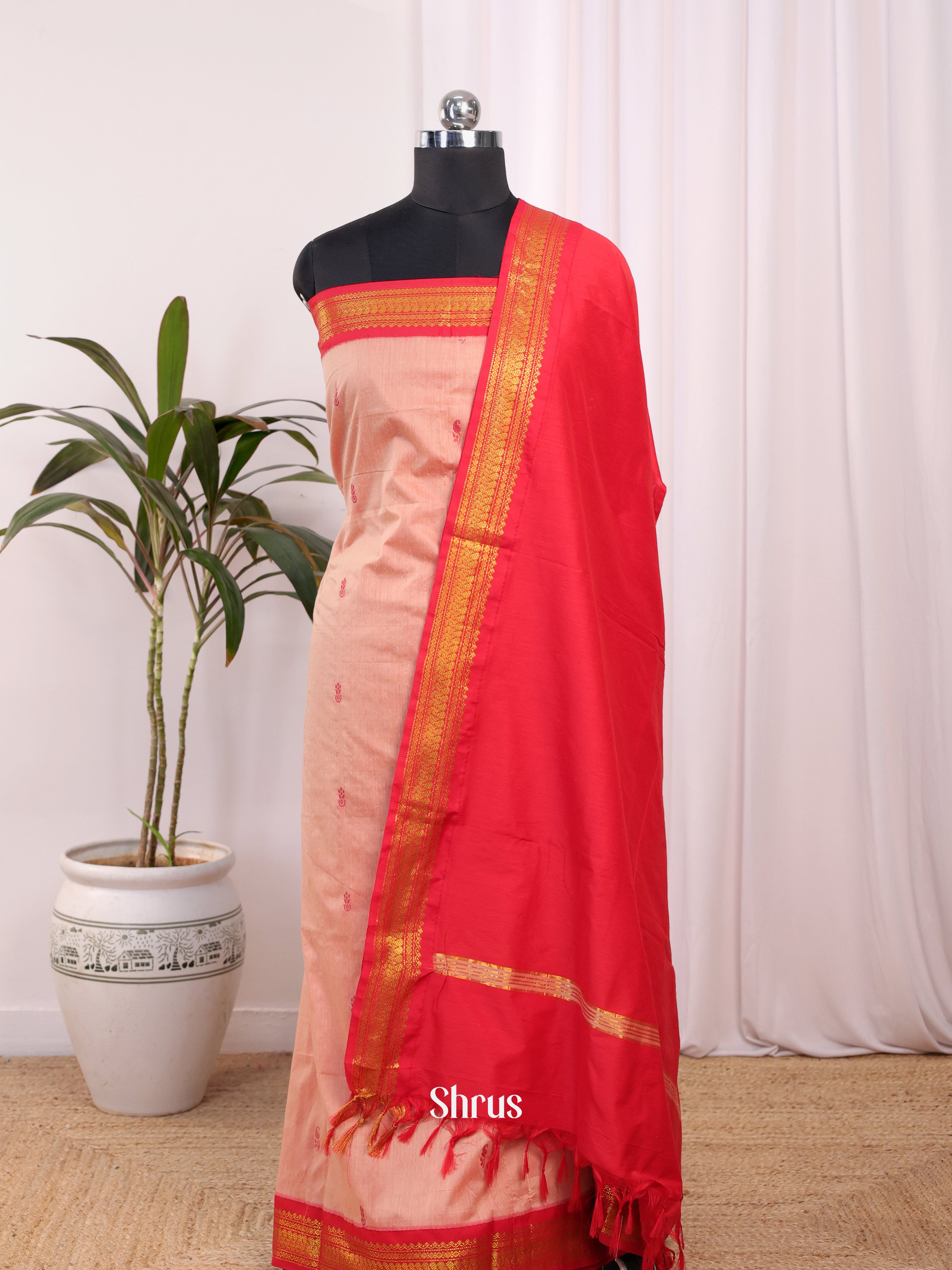 Peach & Red - Kalyani Cotton unstitched Top & Dupatta - CKS09018 - Shop on Shrus.com