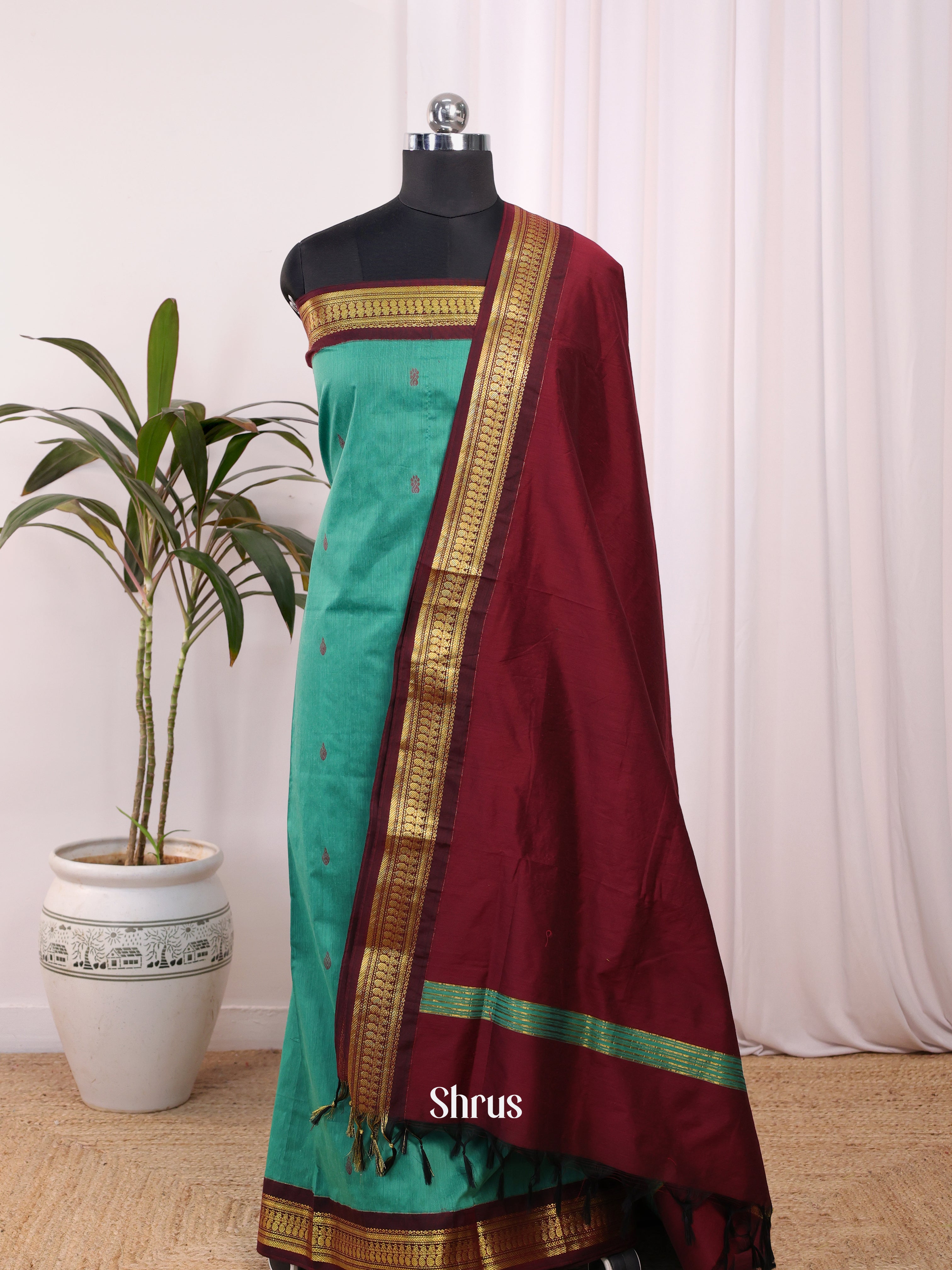 Green & Brown - Kalyani Cotton salwar unstitch - Shop on Shrus.com