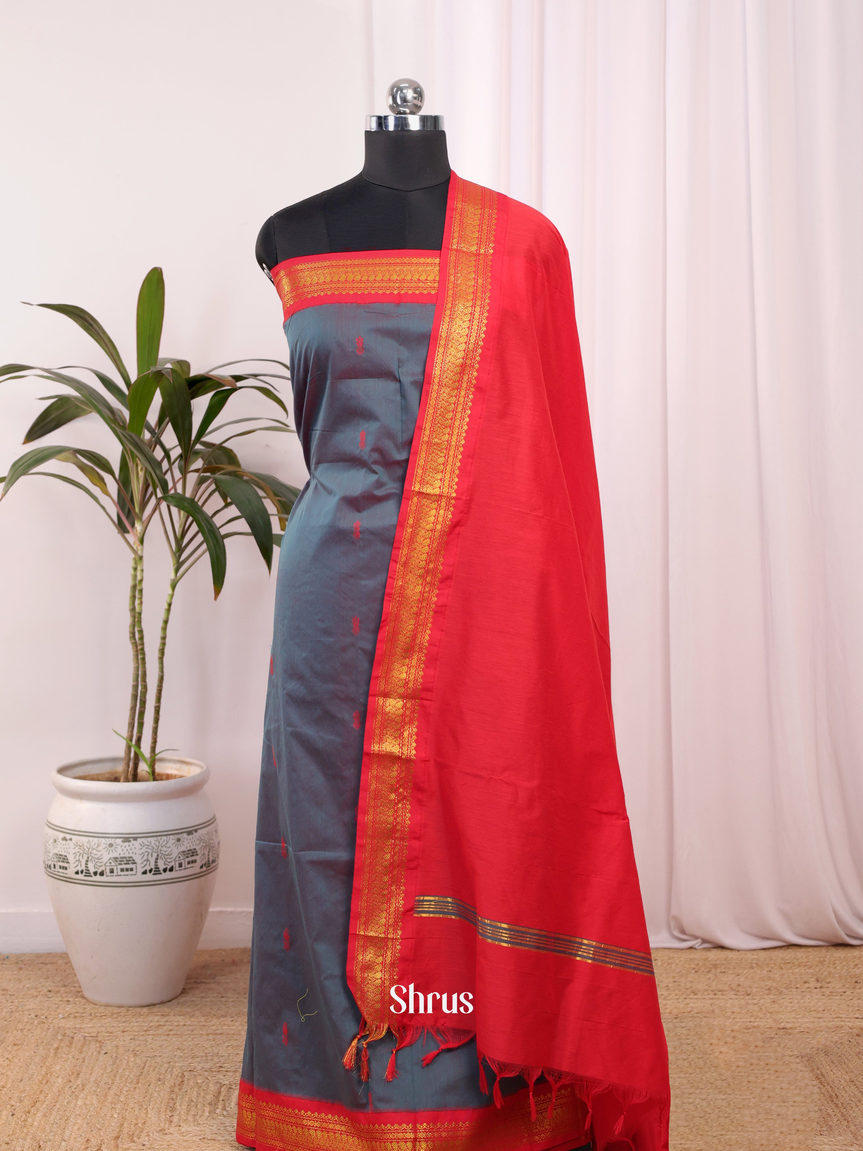 Double Shaded Blue & Red - Kalyani Cotton unstitched Top & Dupatta - CKS09024 - Shop on Shrus.com