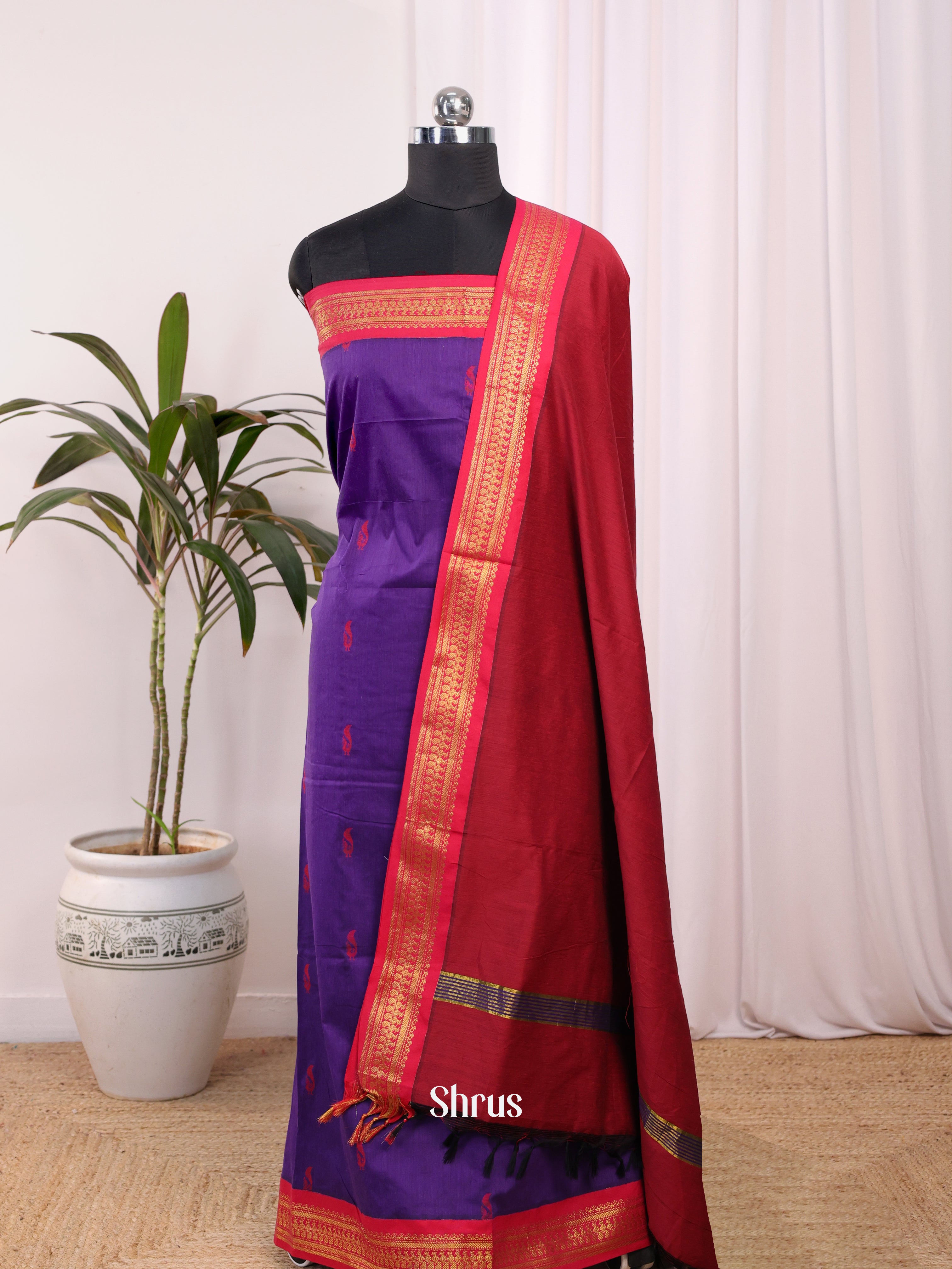 Violet & Maroon- Kalyani Cotton unstitched Top & Dupatta - CKS09028 - Shop on Shrus.com