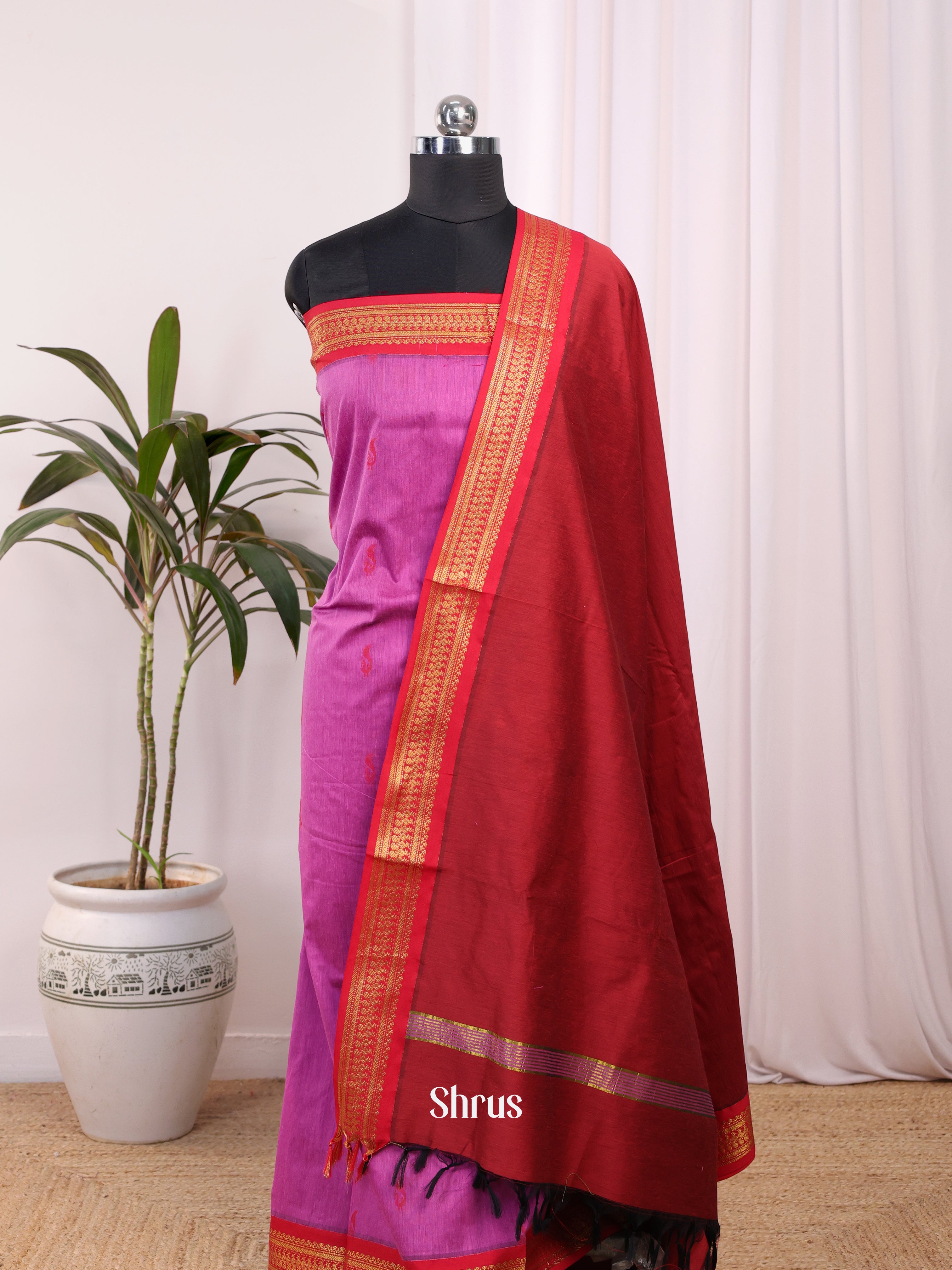 Purple & Red - Kalyani Cotton unstitched Top & Dupatta - CKS09030 - Shop on Shrus.com