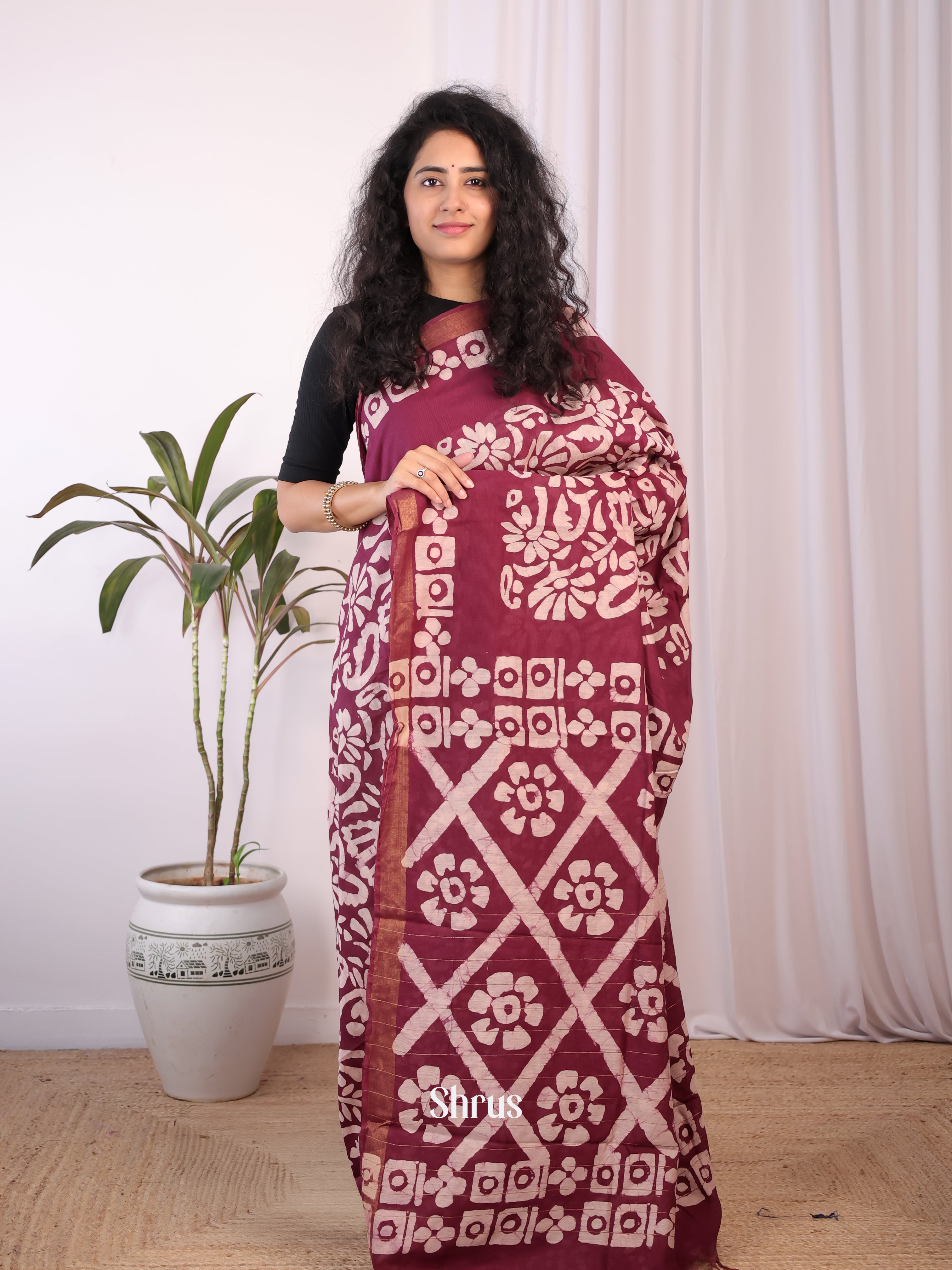 Pinkish Maroon - Chanderi Saree - Shop on Shrus.com