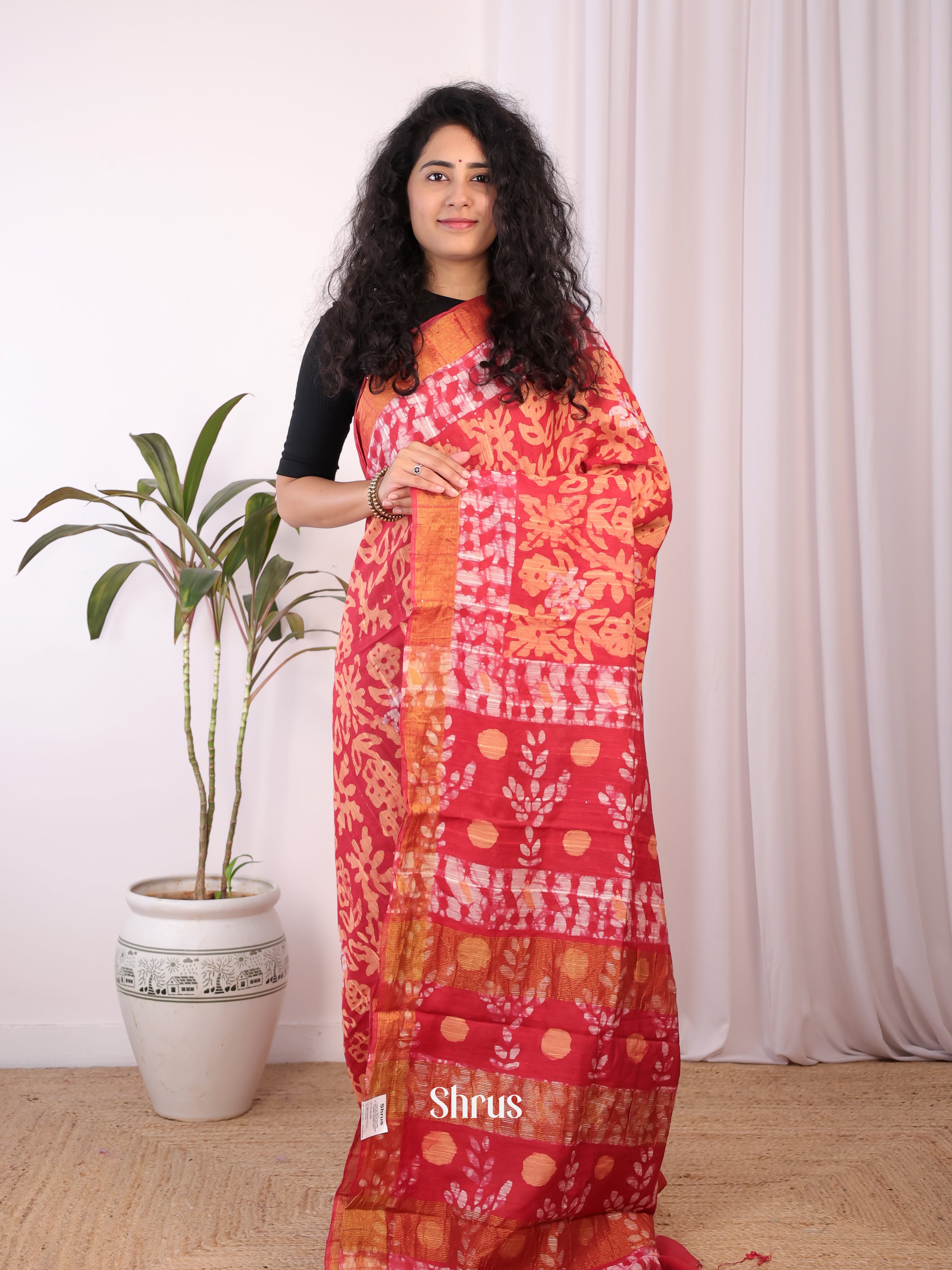 Orange & Red - Chanderi Saree - Shop on Shrus.com
