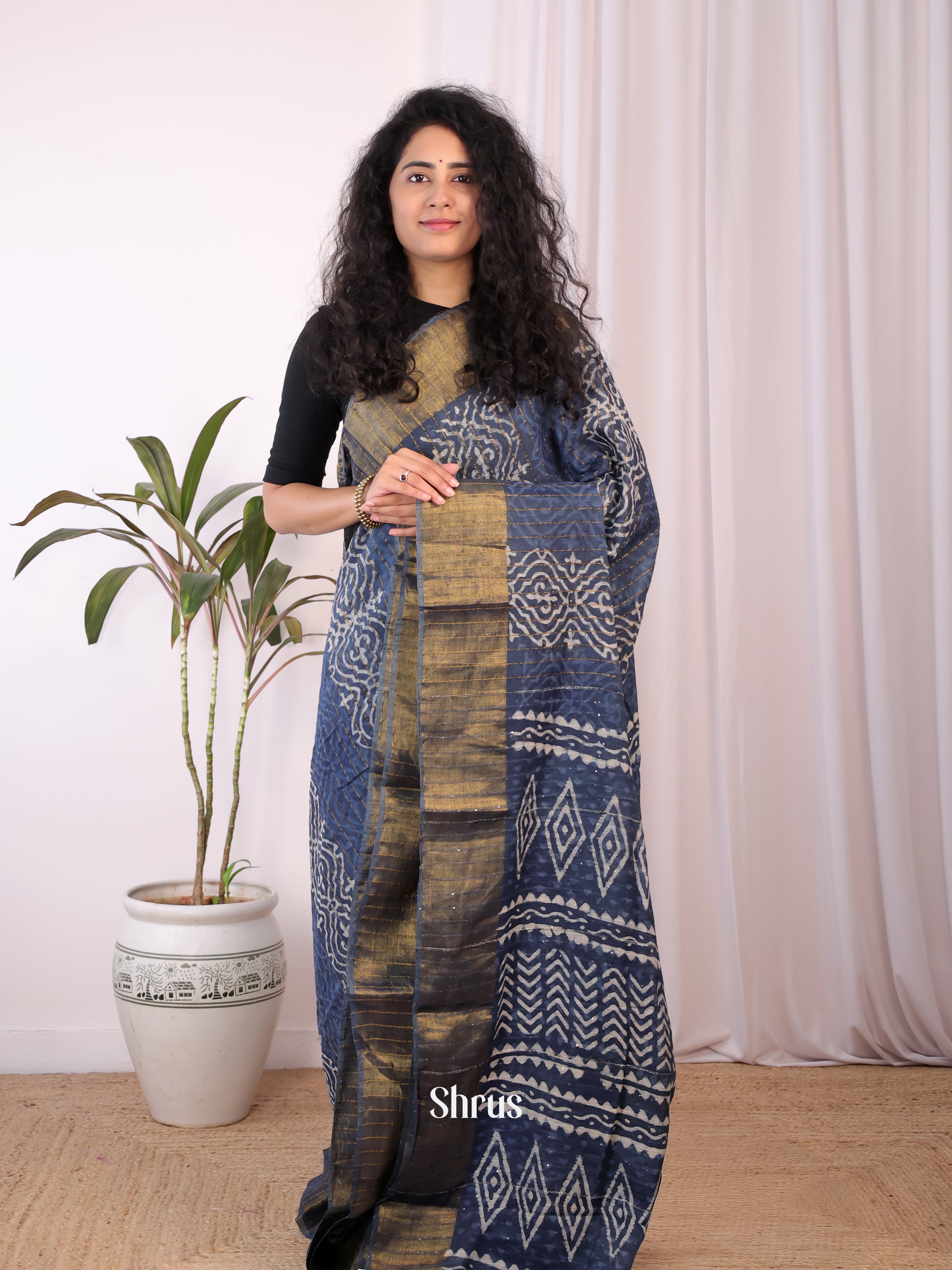 Blue - Chanderi Saree - Shop on Shrus.com