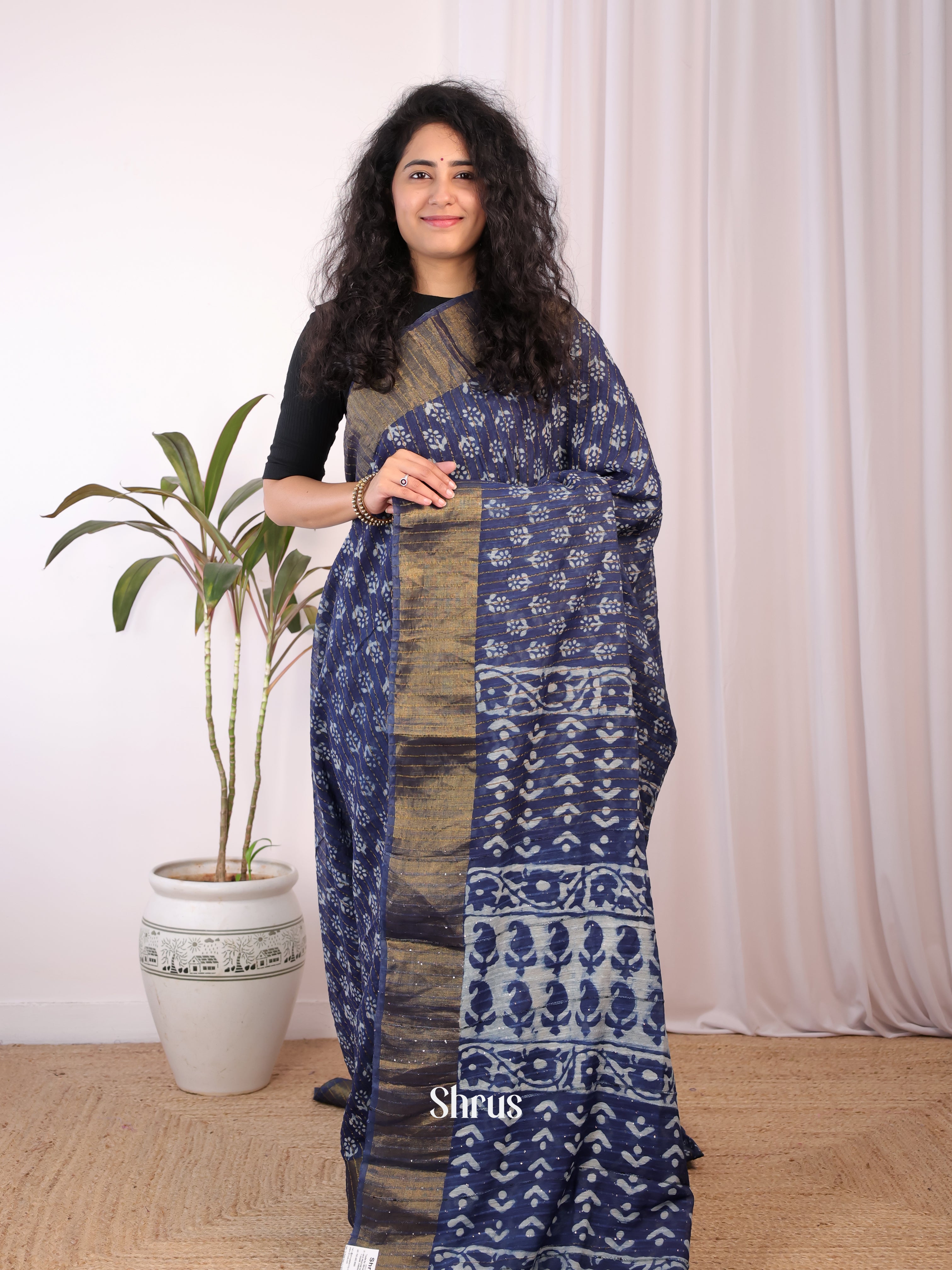 Blue - Chanderi Saree - Shop on Shrus.com
