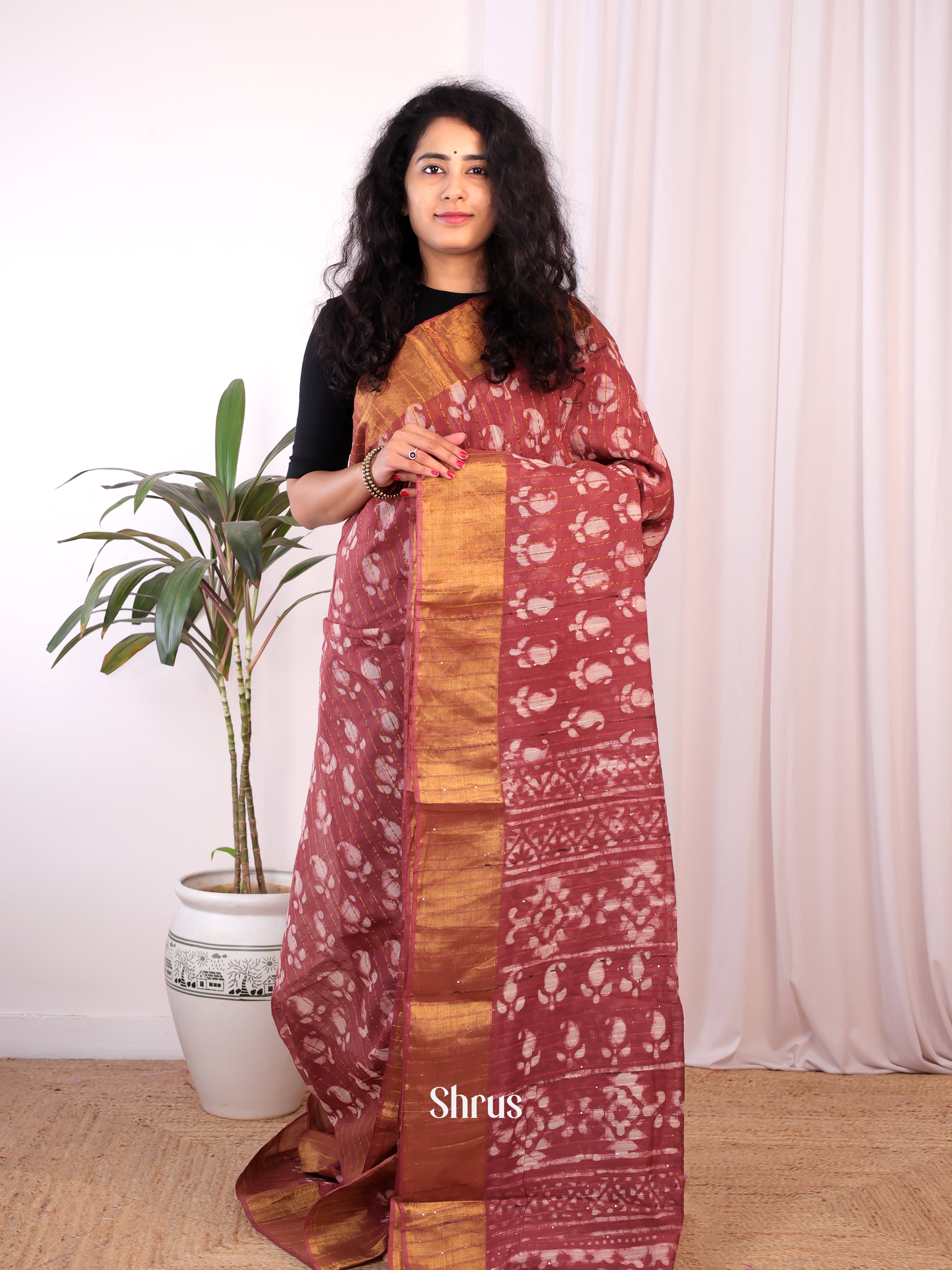 Brick Red - Chanderi Saree - Shop on Shrus.com