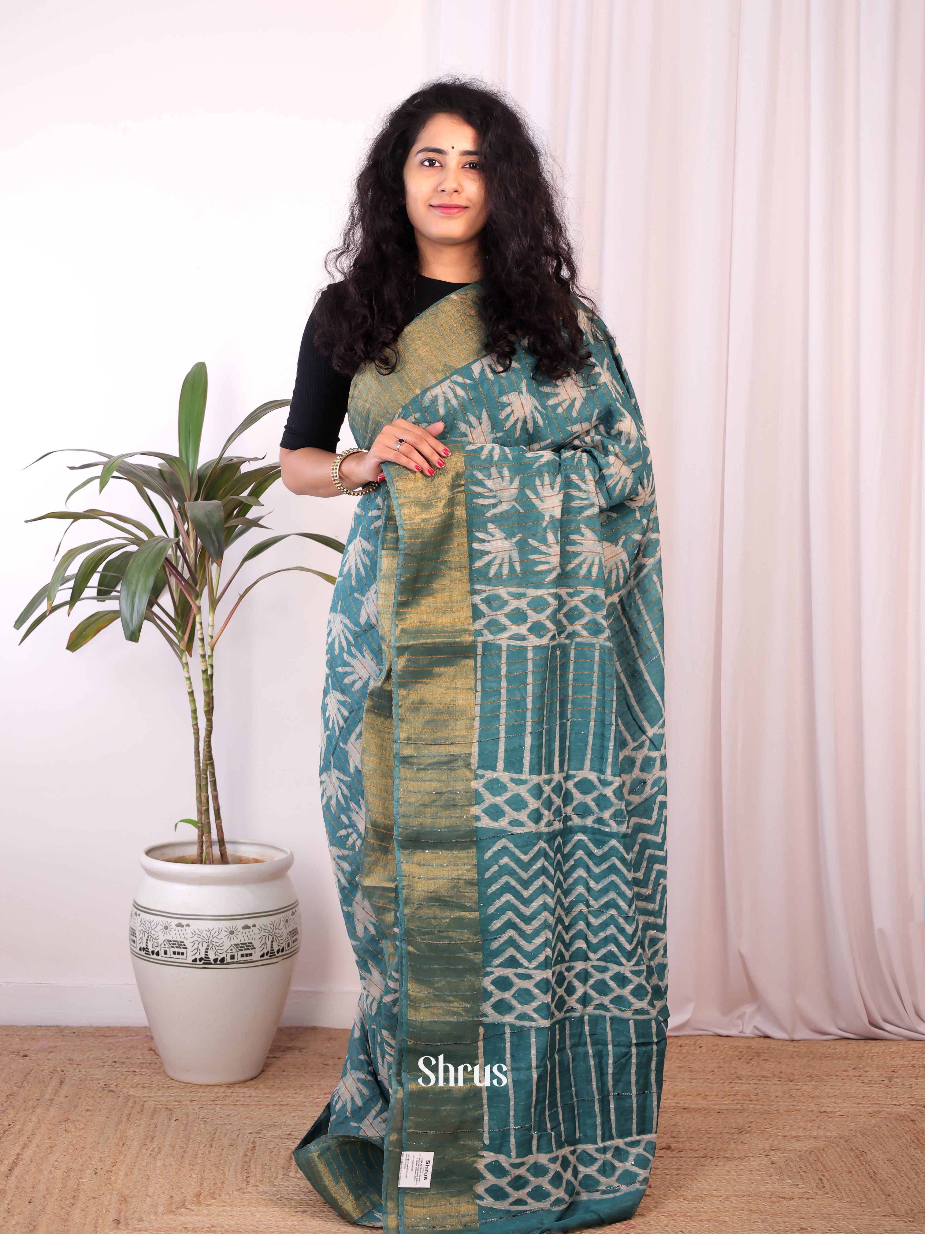 Teal - Chanderi Saree - Shop on Shrus.com