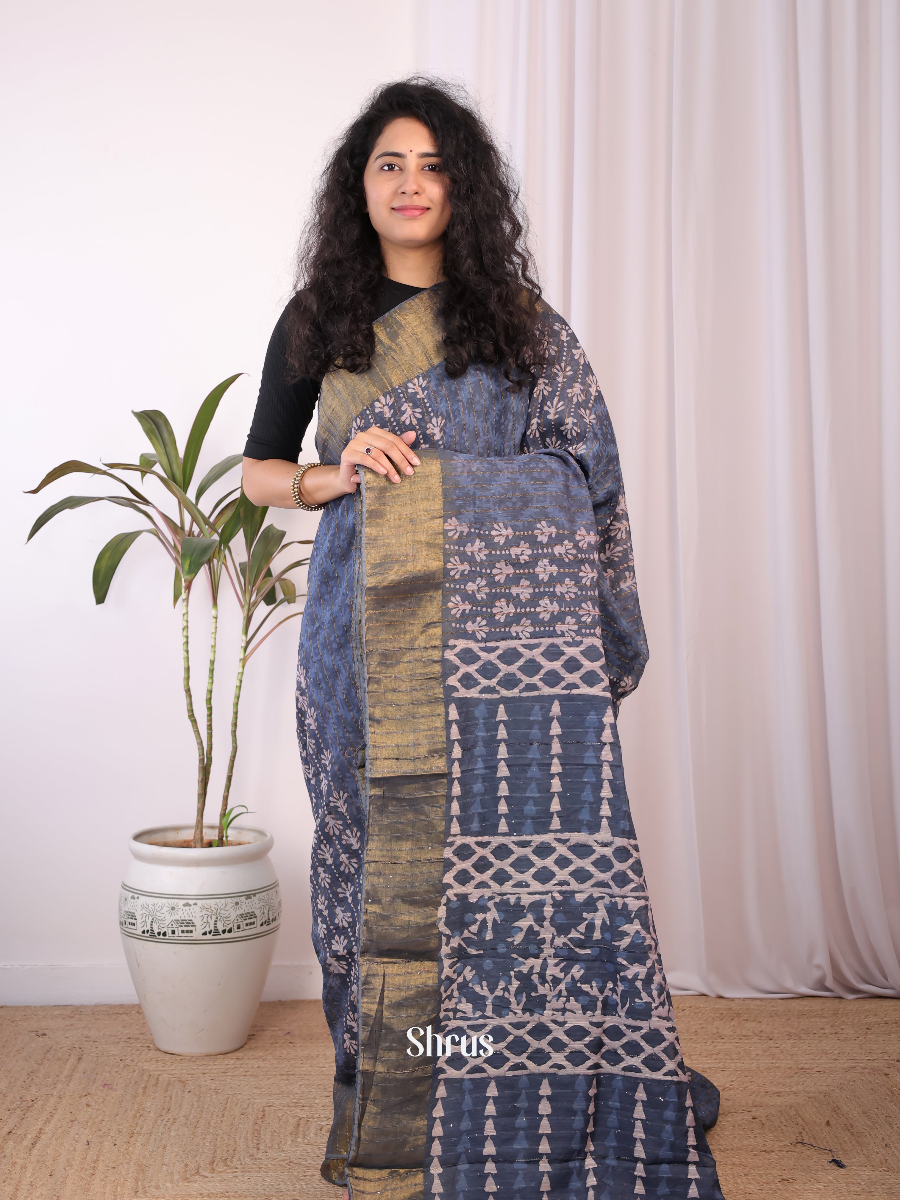 Grey & Blue - Chanderi Saree - Shop on Shrus.com