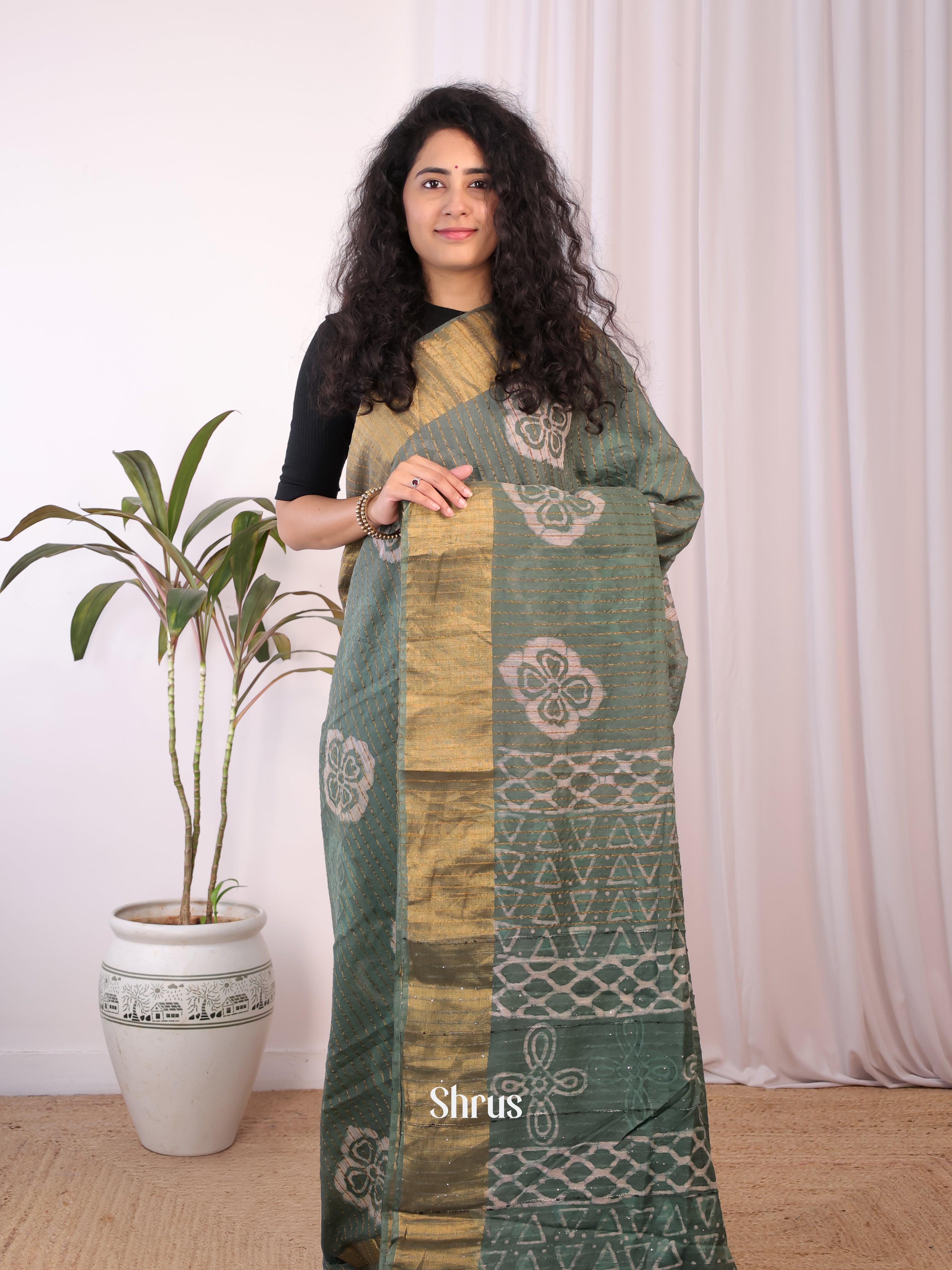 Green - Chanderi Saree - Shop on Shrus.com