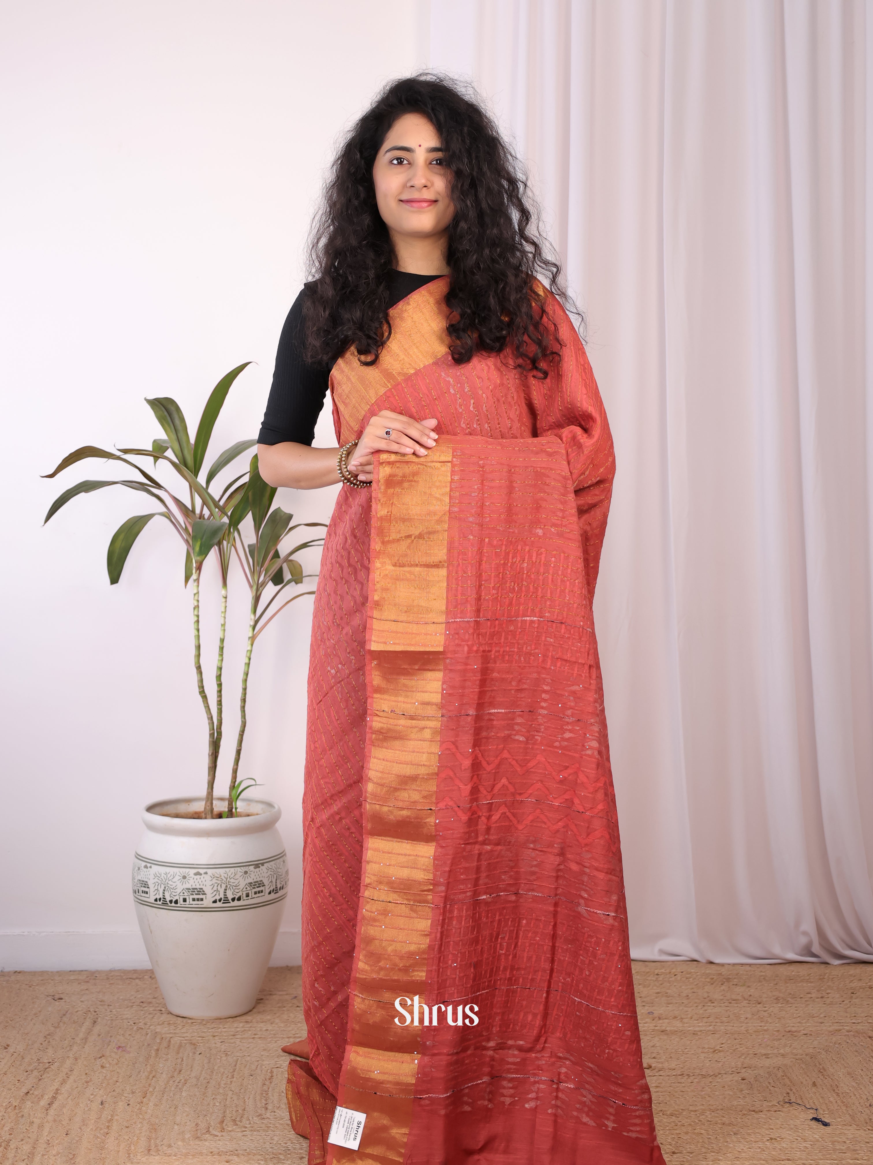 Rustic Orange - Chanderi Saree - Shop on Shrus.com