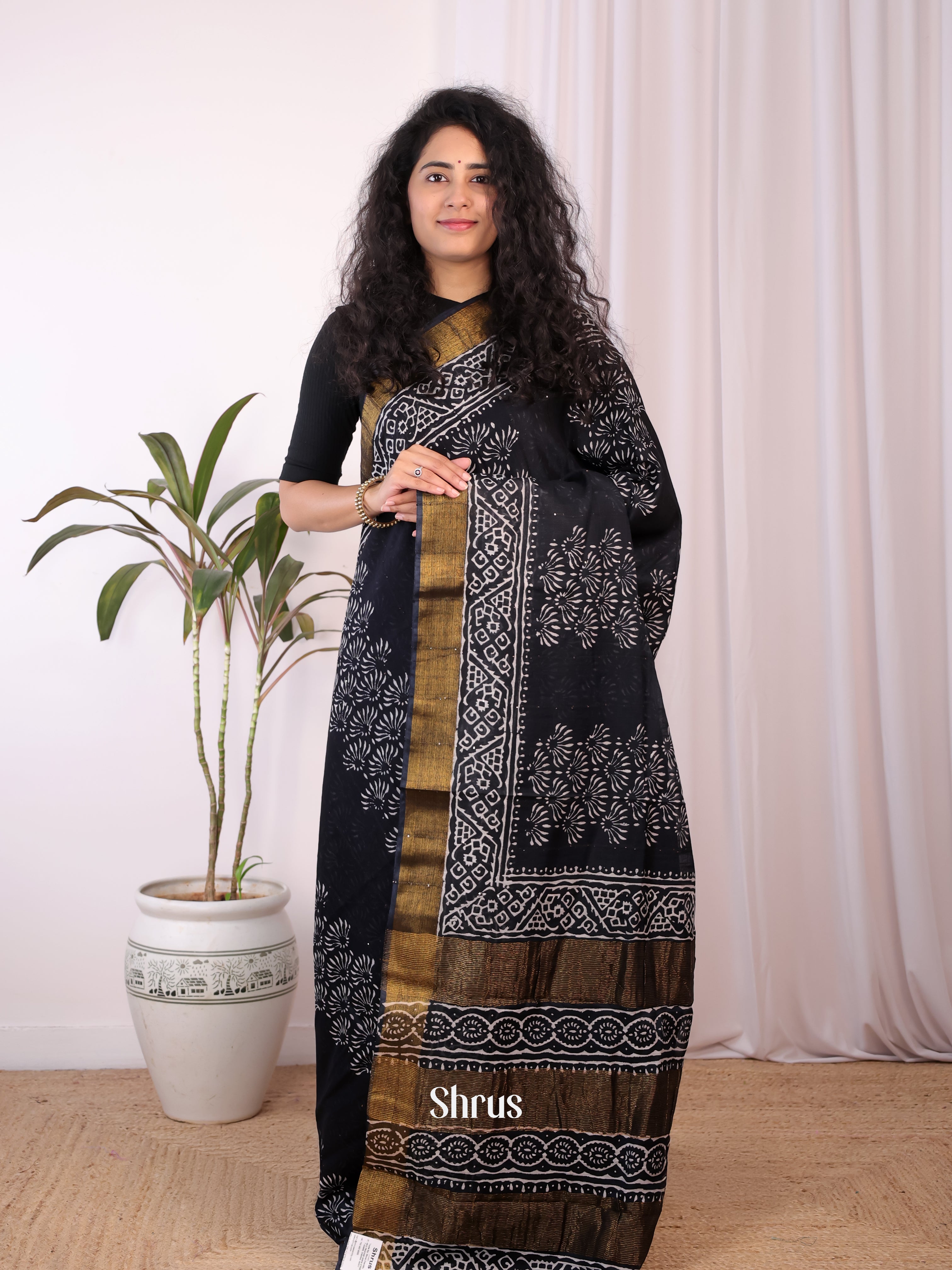 Black - Chanderi Saree - Shop on Shrus.com