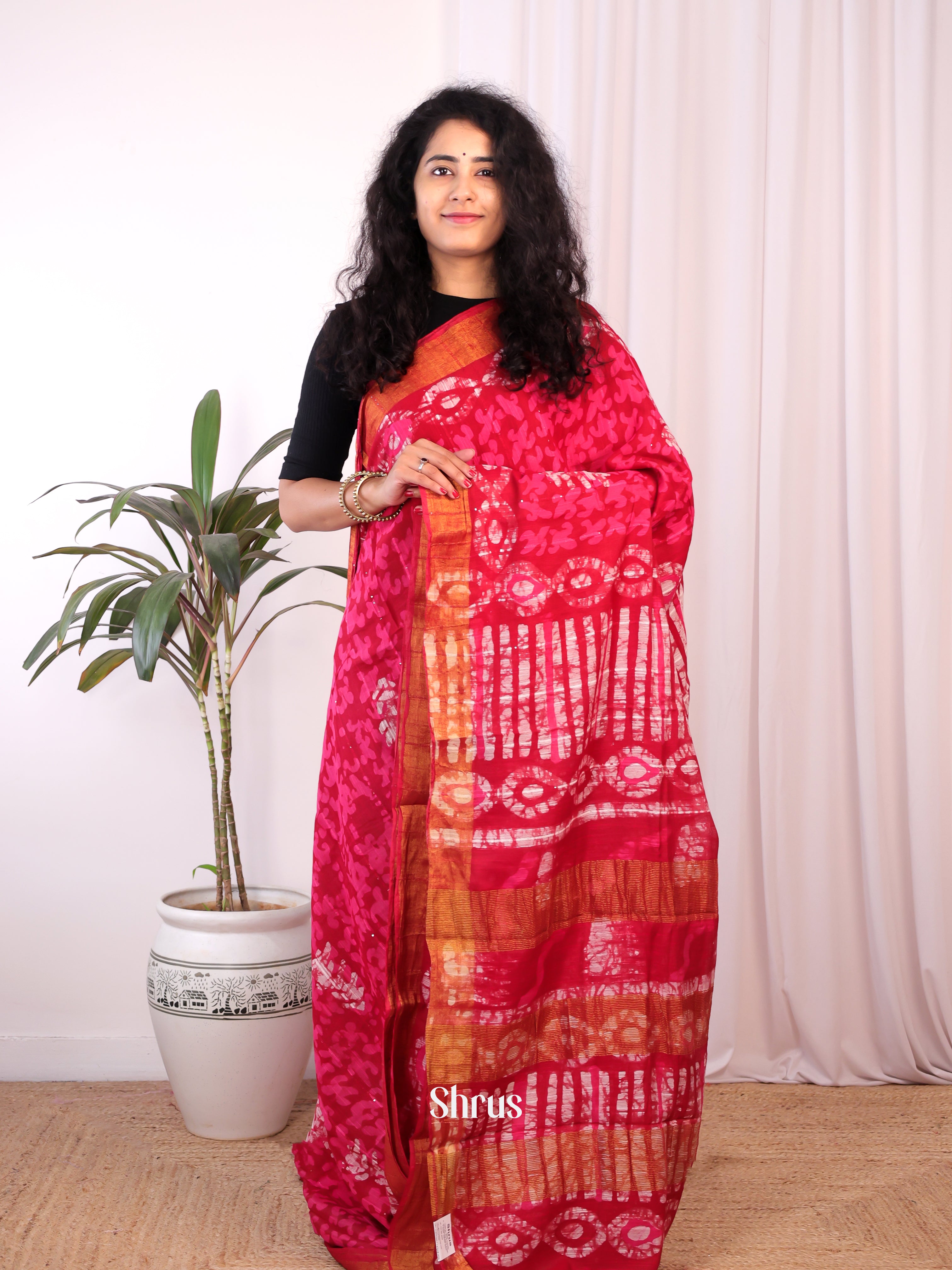 Pinkish Red - Chanderi Saree - Shop on Shrus.com
