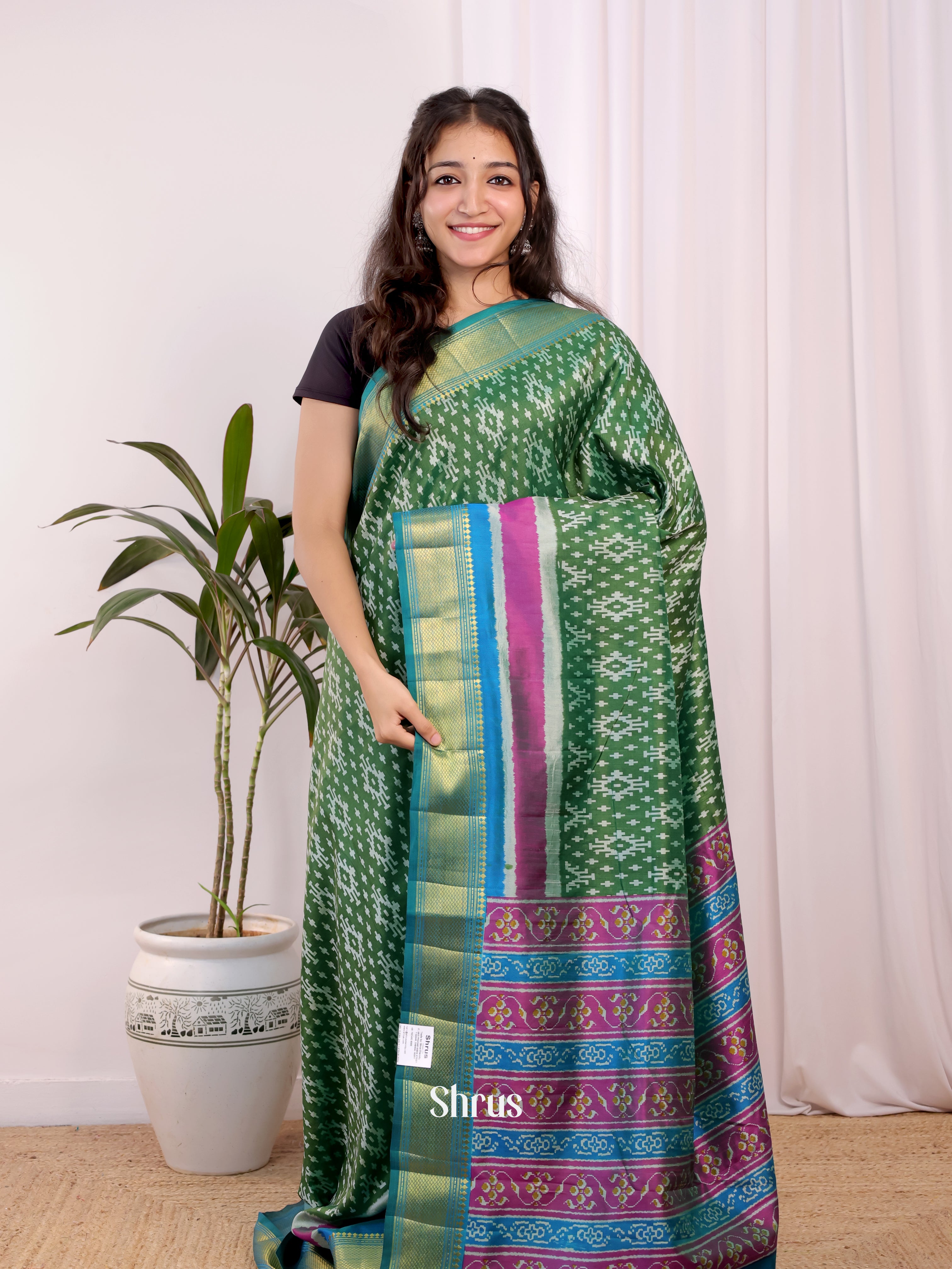 Green & Blue - Semi Patola Saree - Shop on Shrus.com