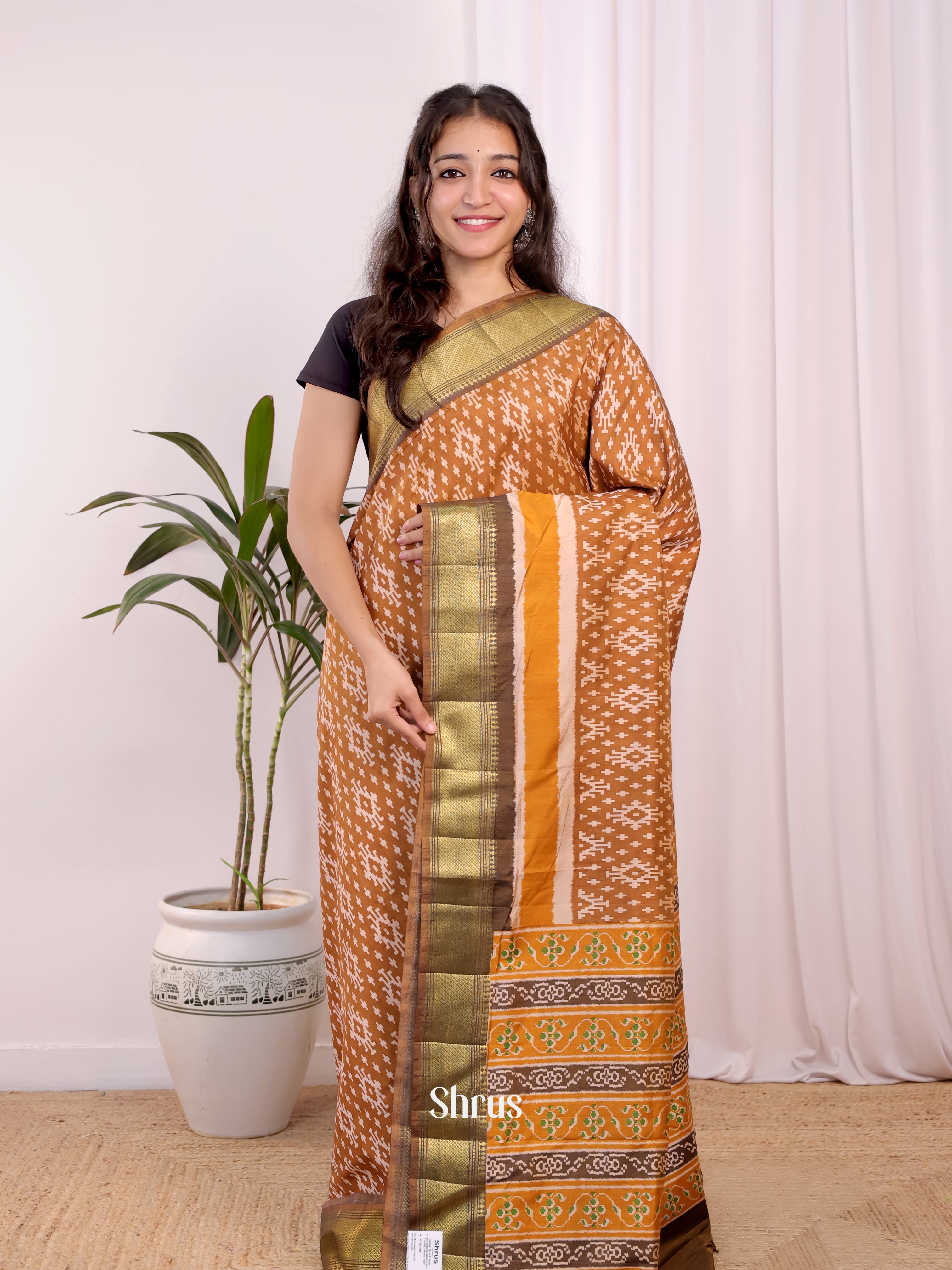 Mustard & Brown - Semi Patola Saree - Shop on Shrus.com