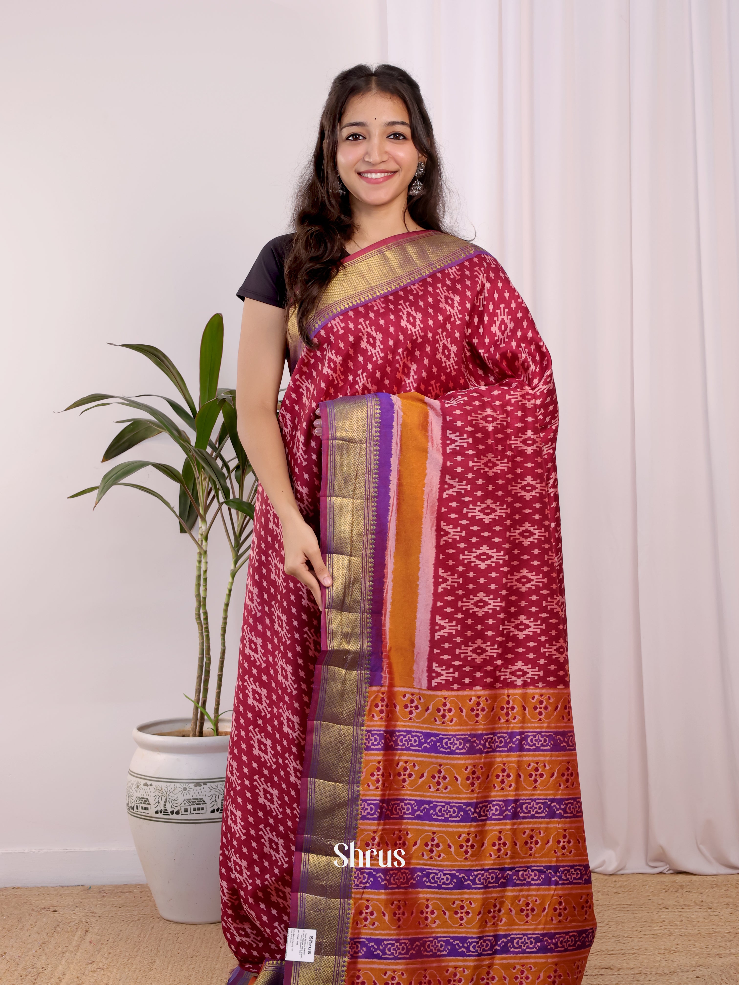 Maroon & Purple - Semi Patola Saree - Shop on Shrus.com