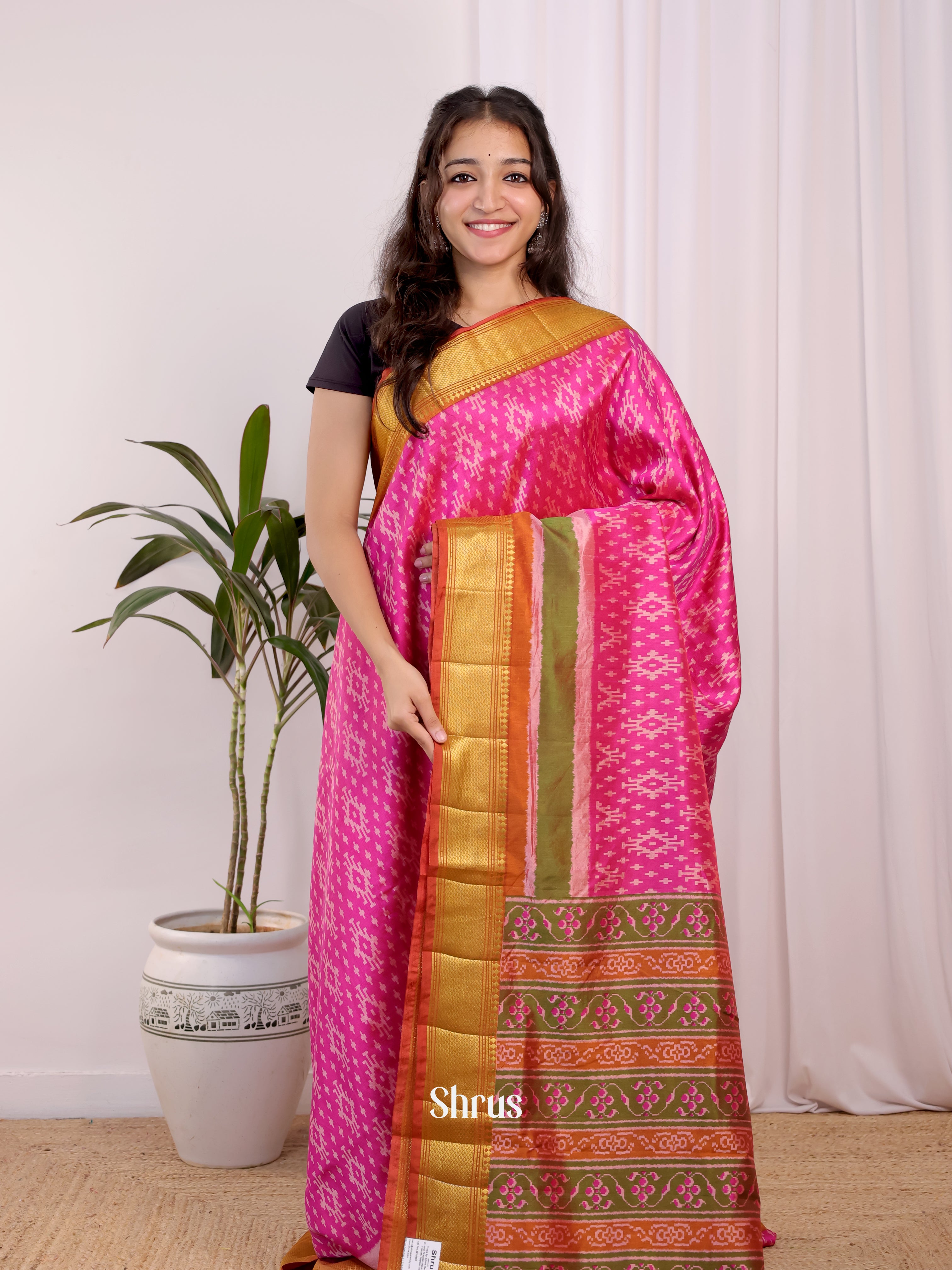 Pink & Orange - Semi Patola Saree - Shop on Shrus.com