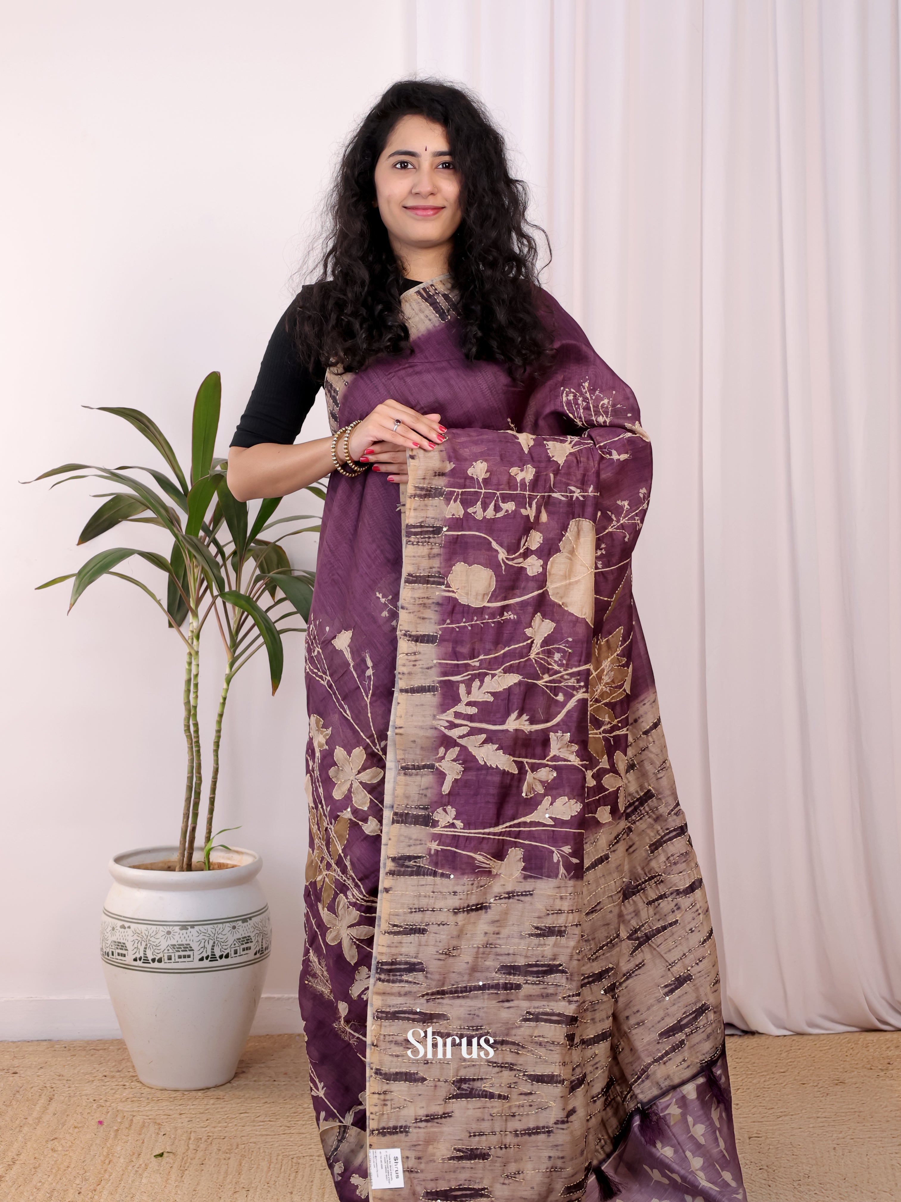 Purple - Semi Kantha Saree - Shop on Shrus.com