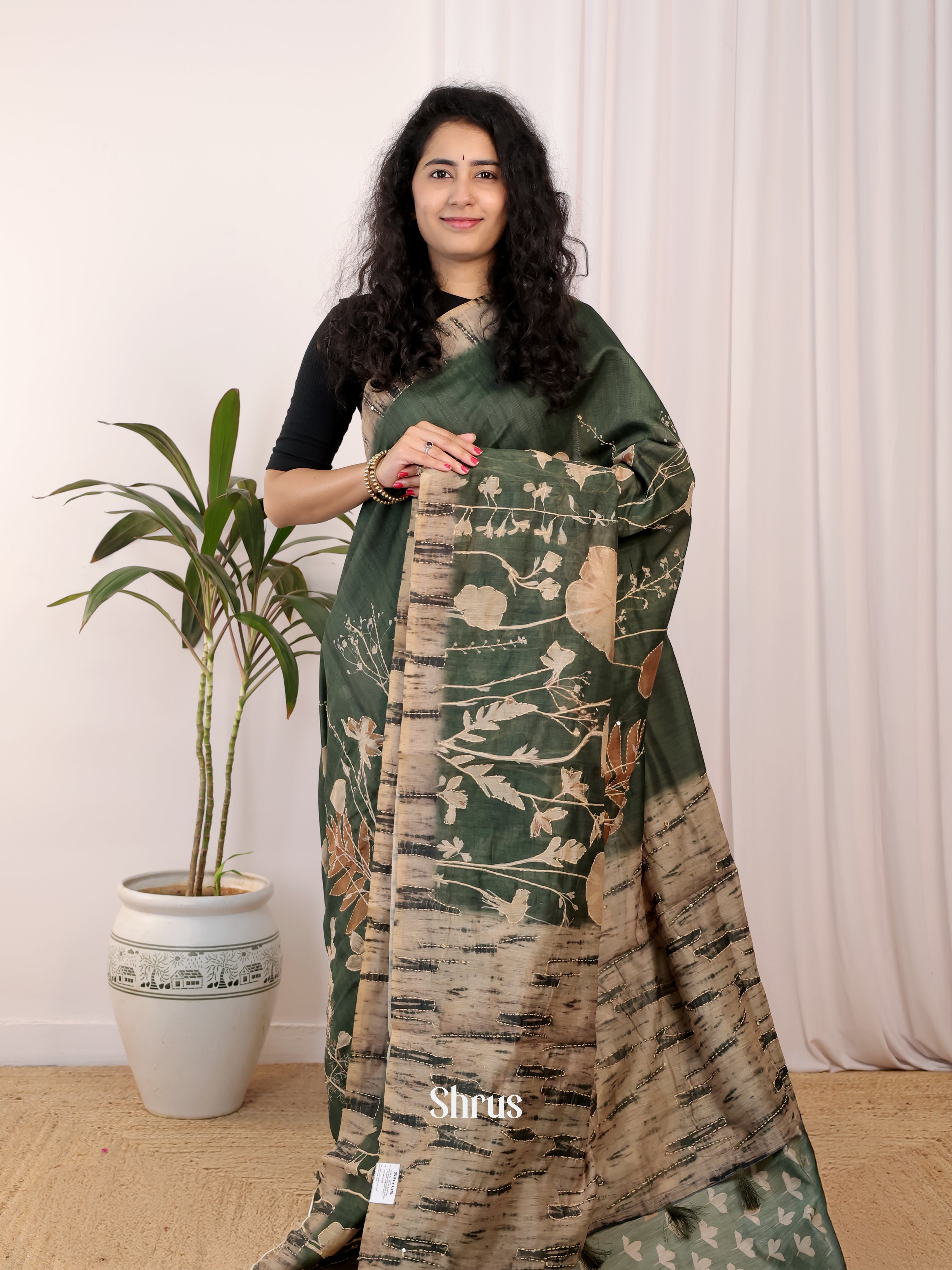 Green - Semi Kantha Saree - Shop on Shrus.com